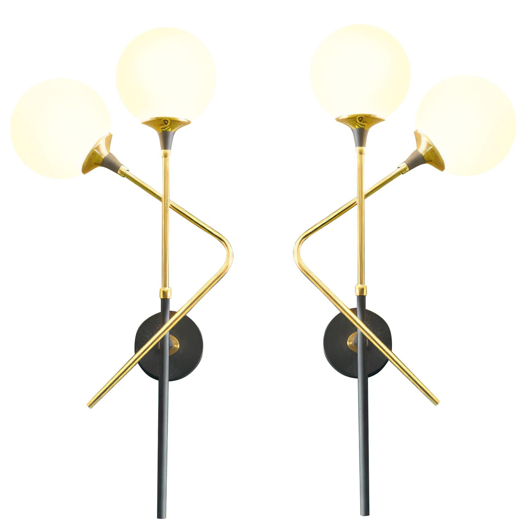 Italian 'Galassia' Brass and Glass 2-Armed Wall Lamp for Stilnovo For Sale