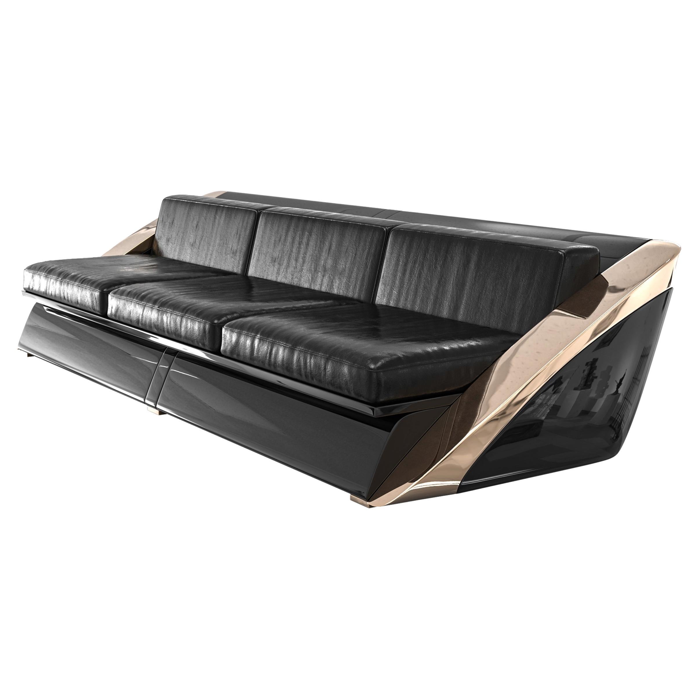 "Galata" Sofa with Bronze, Stainless Steel, Burl Walnut. Hand Crafted, Istanbul For Sale