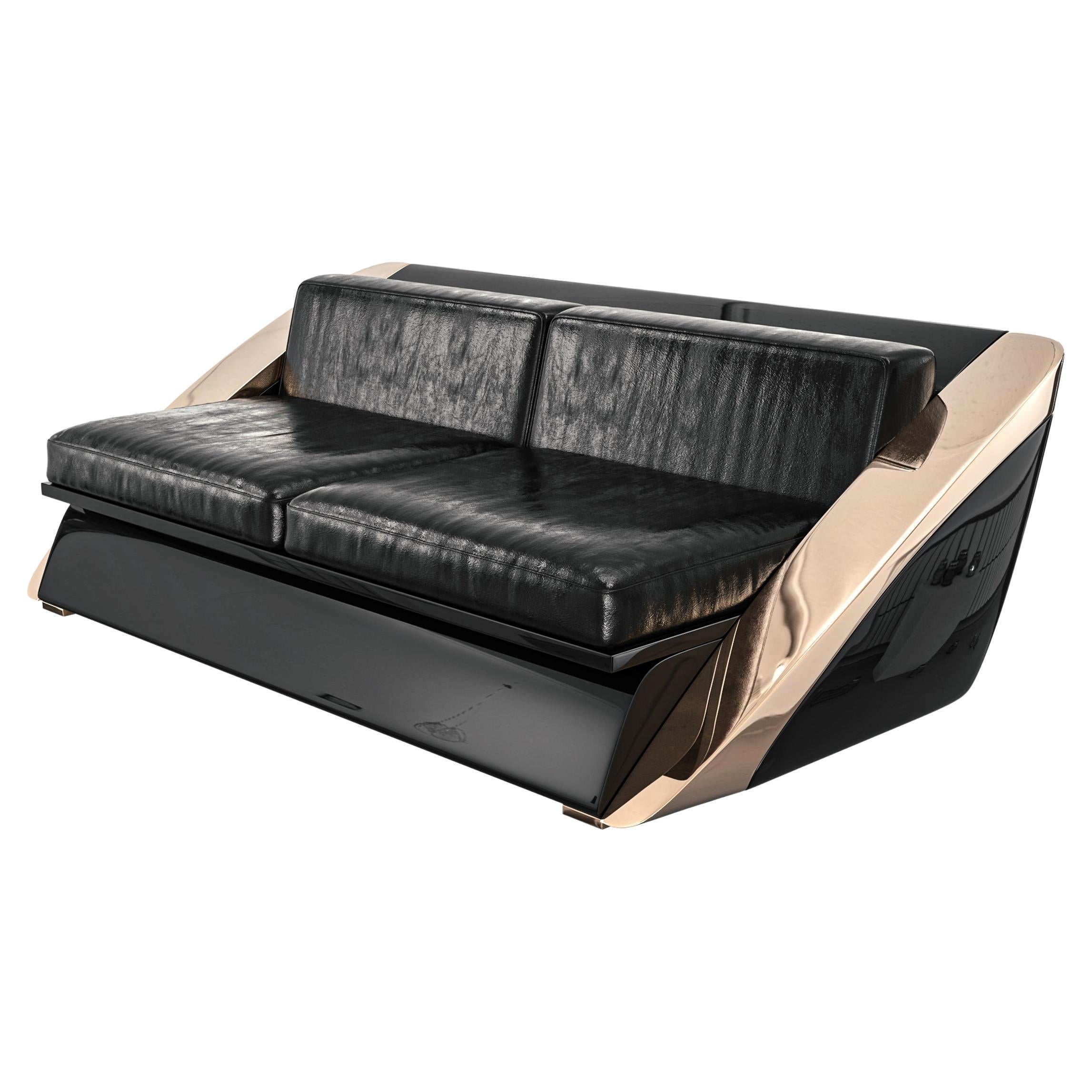 "Galata" Sofa with Bronze, Stainless Steel, Burl Walnut. Hand Crafted, Istanbul For Sale