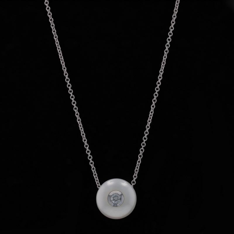 Brand: Galatea

Metal Content: 14k White Gold

Stone Information
Cultured Pearl
Color: White

Natural Diamond
Carat(s): .04ct
Cut: Round Brilliant
Color: G
Clarity: SI1

Chain Style: Cable
Necklace Style: Chain
Fastening Type: Spring Ring