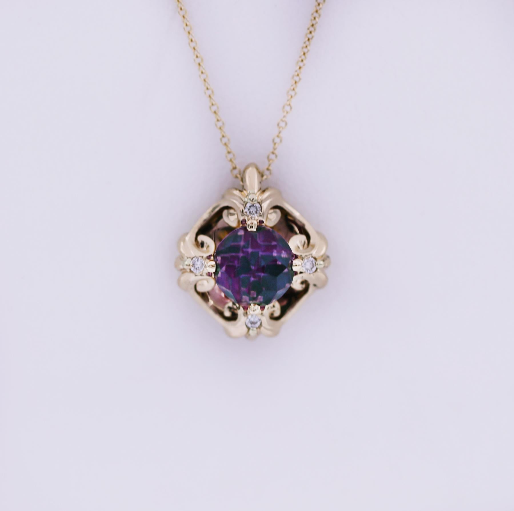 GALATEA
14 karat yellow gold necklace with an approx. 8mm “Davinchi” cut amethyst.
There are 2 rubies and 2 emeralds prong set behind the amethyst giving it a kaleidoscope effect.
Chain 18 inches long.
Pendant approx. .70