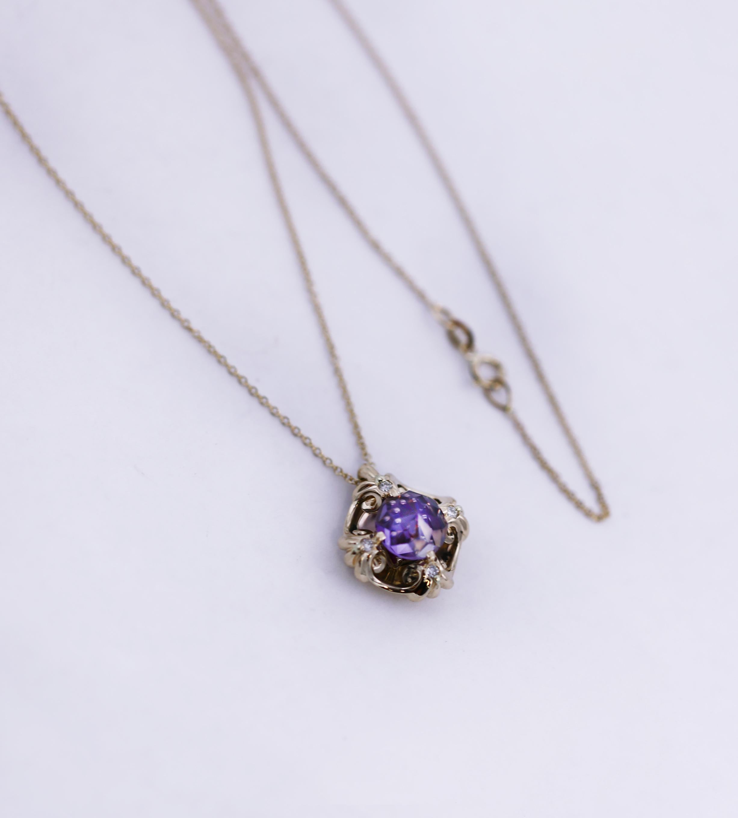 Round Cut GALATEA DavinChi Amethyst 14K Gold Necklace For Sale