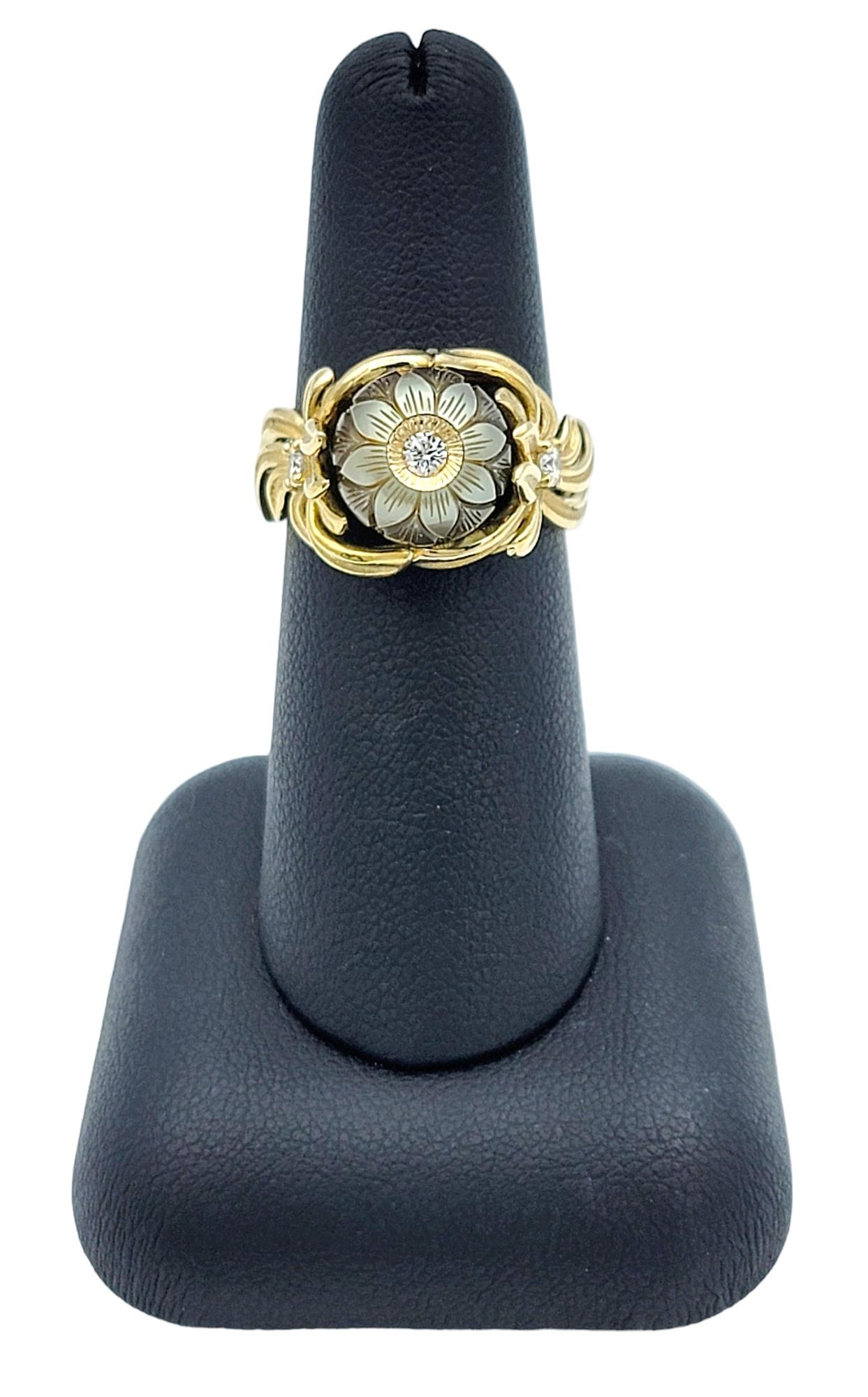 Galatea Diamond and Carved Cultured Pearl Flower Ring in 14 Karat Yellow Gold For Sale 6