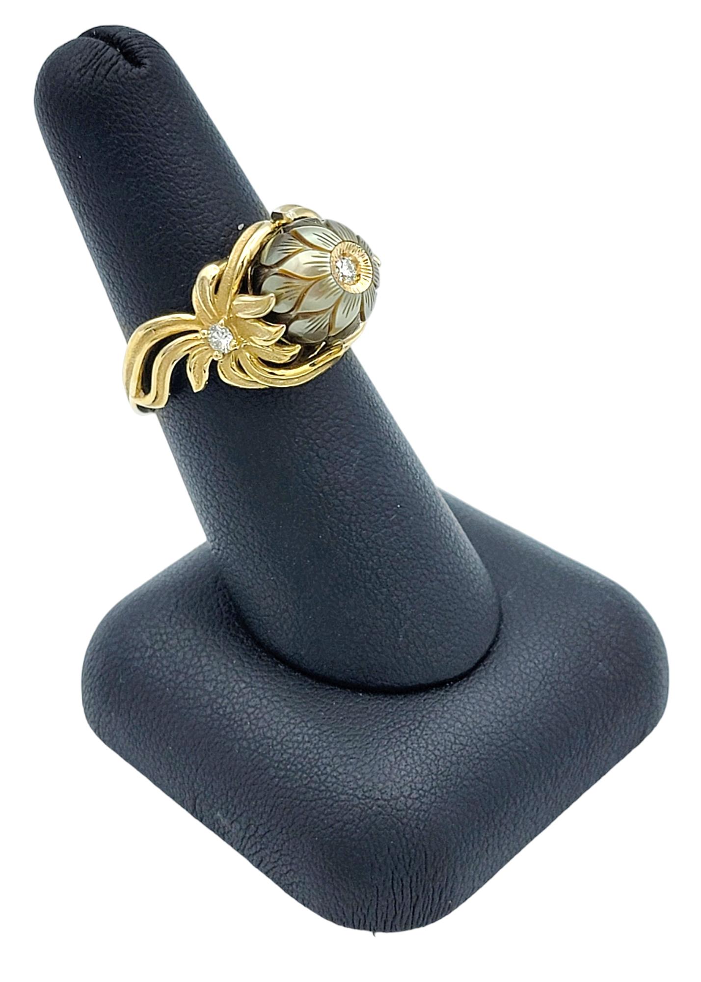 Galatea Diamond and Carved Cultured Pearl Flower Ring in 14 Karat Yellow Gold For Sale 7