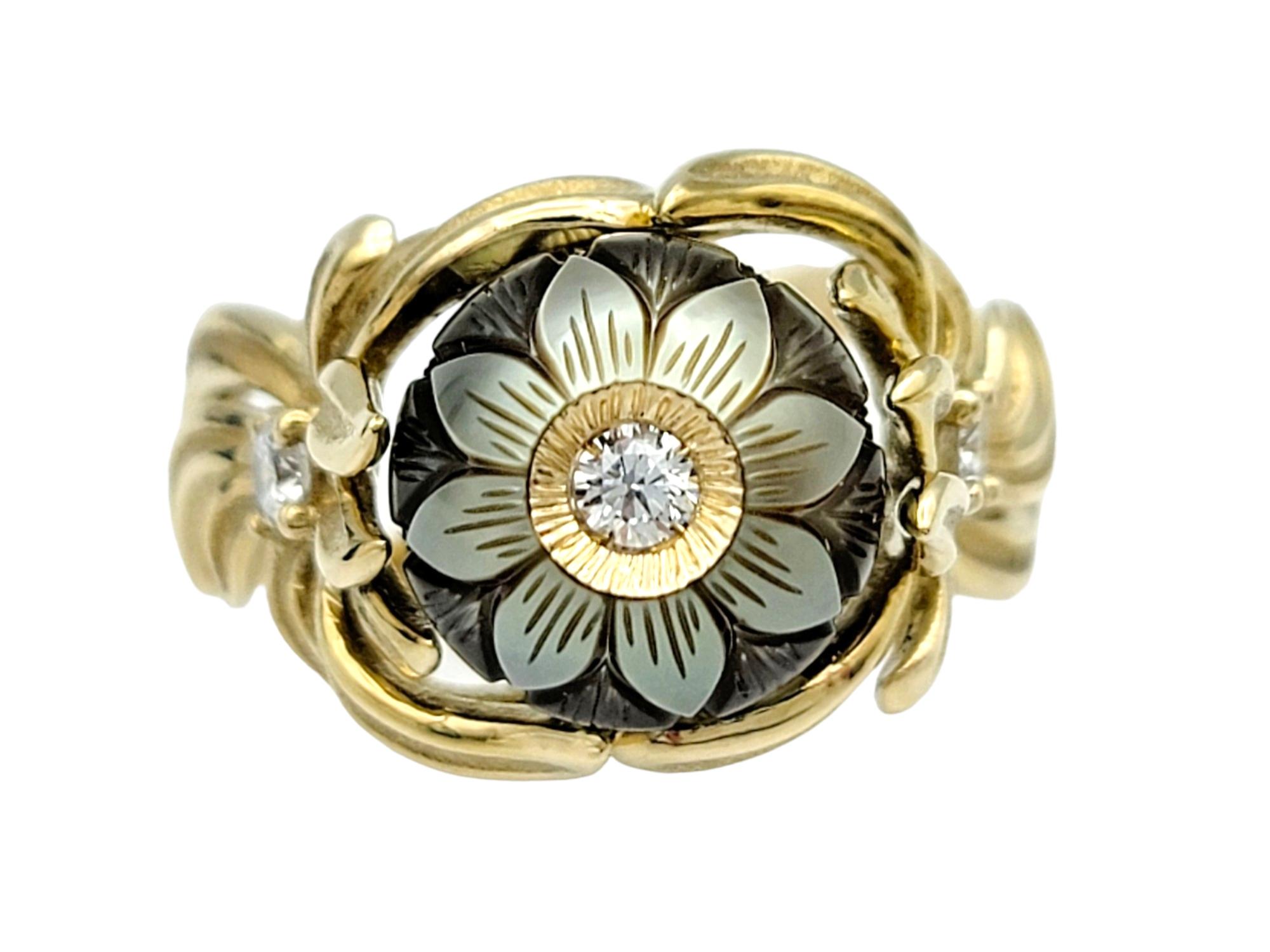 Contemporary Galatea Diamond and Carved Cultured Pearl Flower Ring in 14 Karat Yellow Gold For Sale