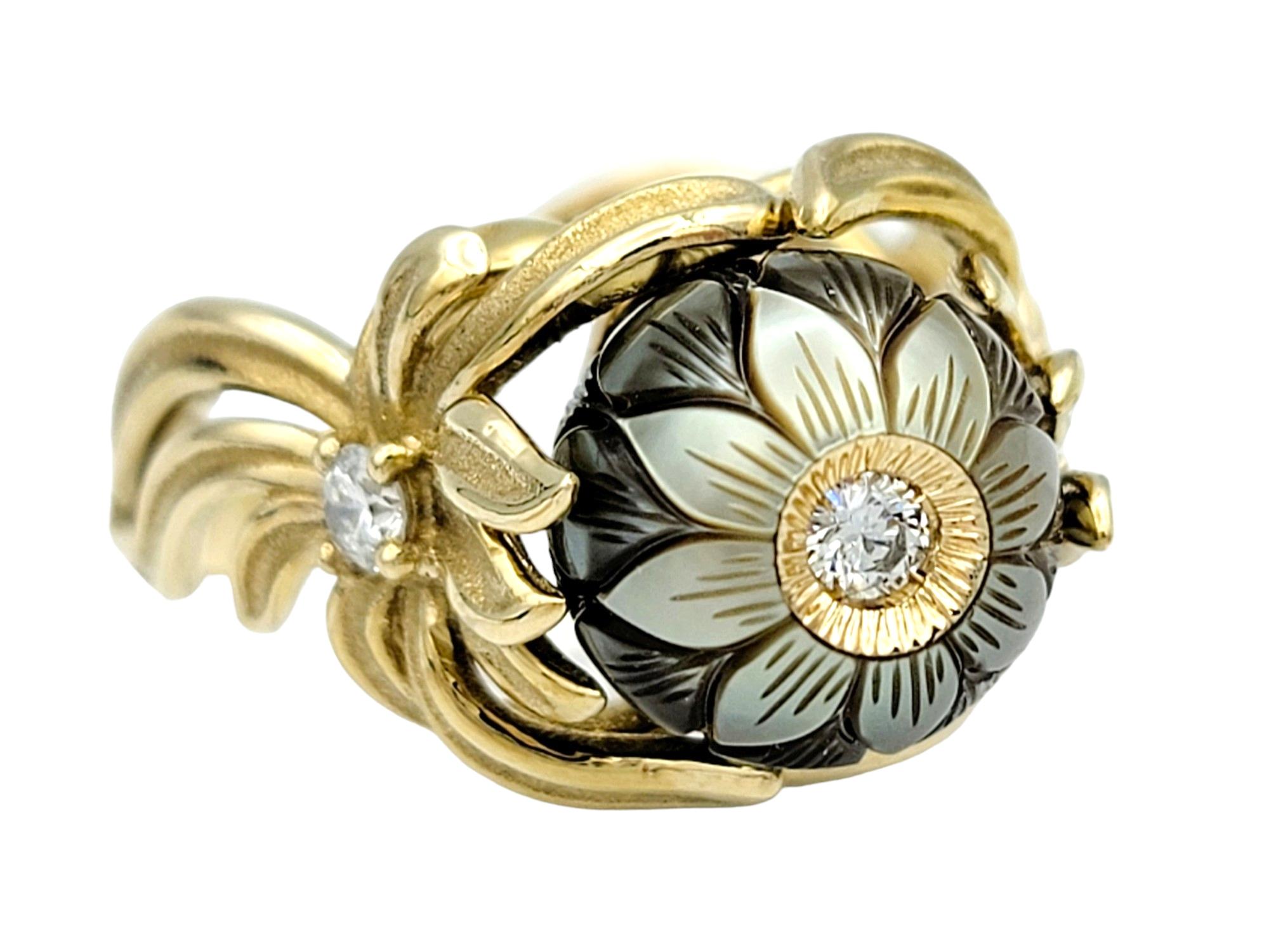 Round Cut Galatea Diamond and Carved Cultured Pearl Flower Ring in 14 Karat Yellow Gold For Sale