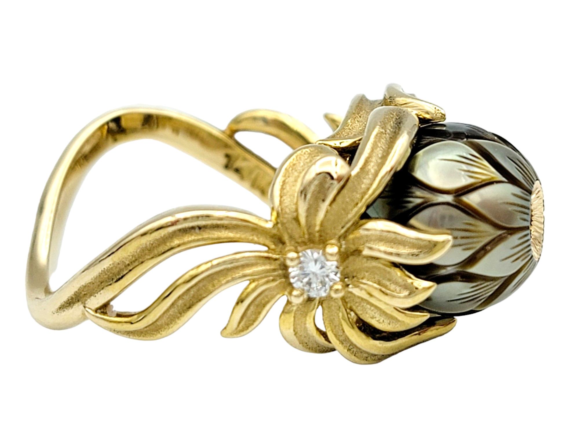 Women's Galatea Diamond and Carved Cultured Pearl Flower Ring in 14 Karat Yellow Gold For Sale