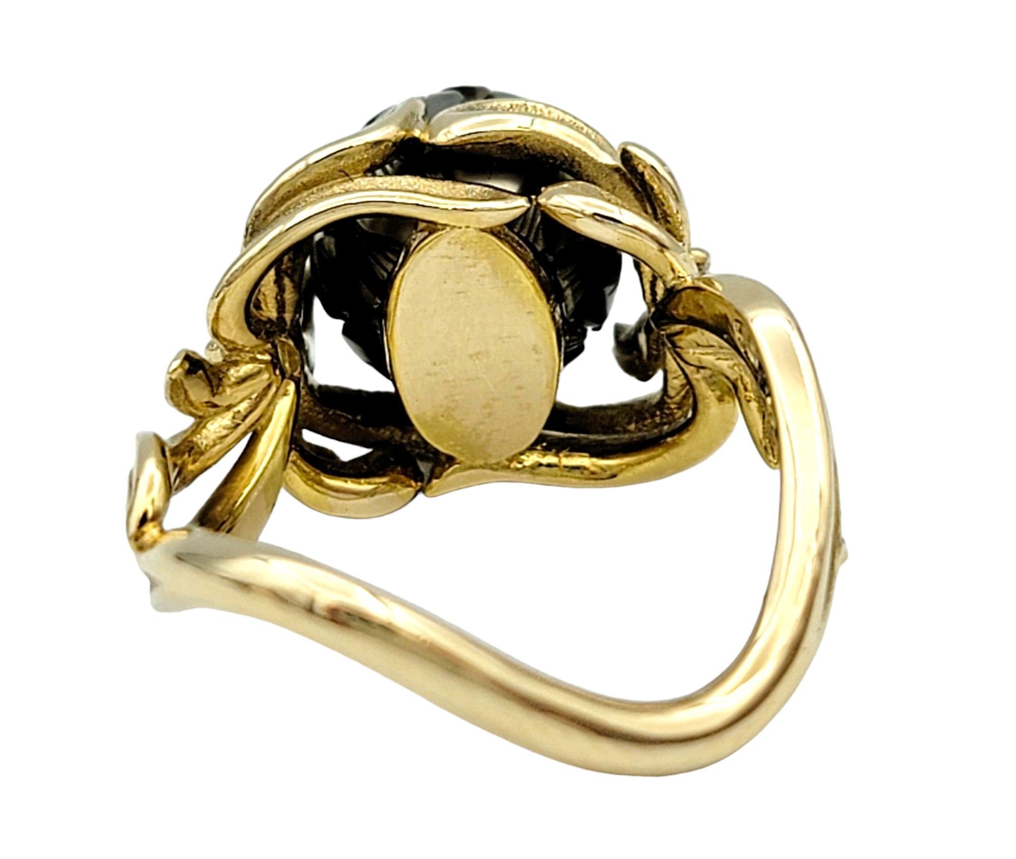 Galatea Diamond and Carved Cultured Pearl Flower Ring in 14 Karat Yellow Gold For Sale 1