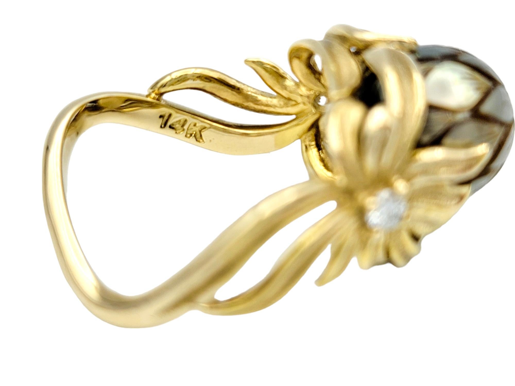 Galatea Diamond and Carved Cultured Pearl Flower Ring in 14 Karat Yellow Gold For Sale 2