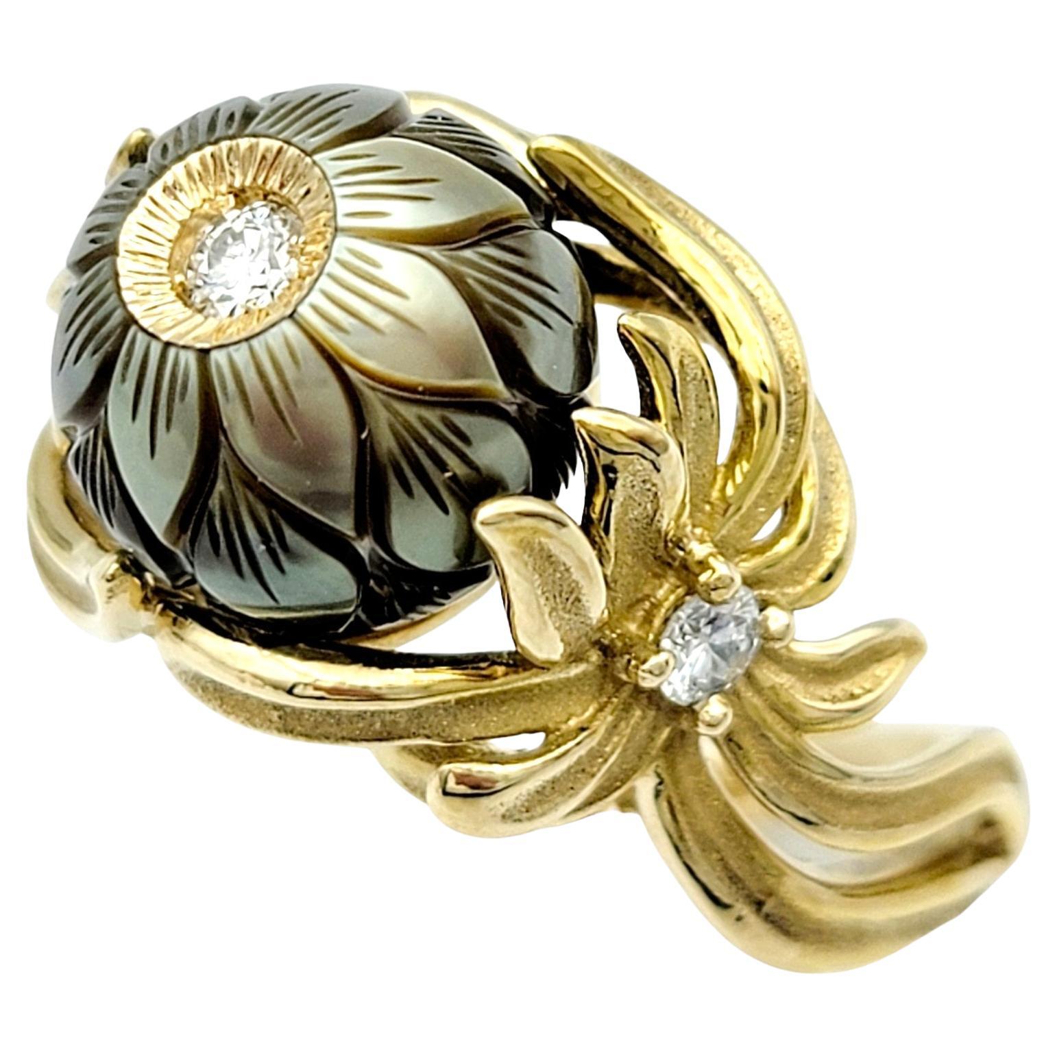 Galatea Diamond and Carved Cultured Pearl Flower Ring in 14 Karat Yellow Gold For Sale