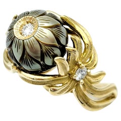 Galatea Diamond and Carved Cultured Pearl Flower Ring in 14 Karat Yellow Gold