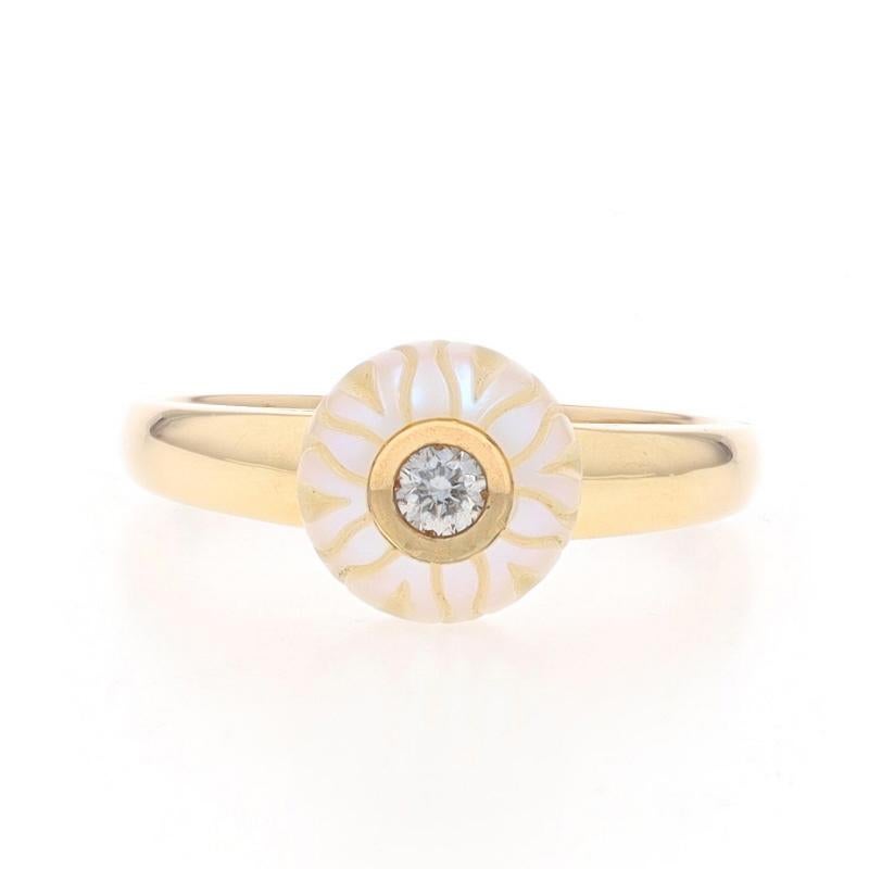 Size: 6 3/4
Sizing Fee: Up 2 sizes for $35 or Down 1 size for $30

Brand: Galatea

Metal Content: 14k Yellow Gold

Stone Information

Pearl
Cut: Carved

Natural Diamond
Carat(s): .08ct
Cut: Round Brilliant
Color: H
Clarity: SI1

Style: Solitaire