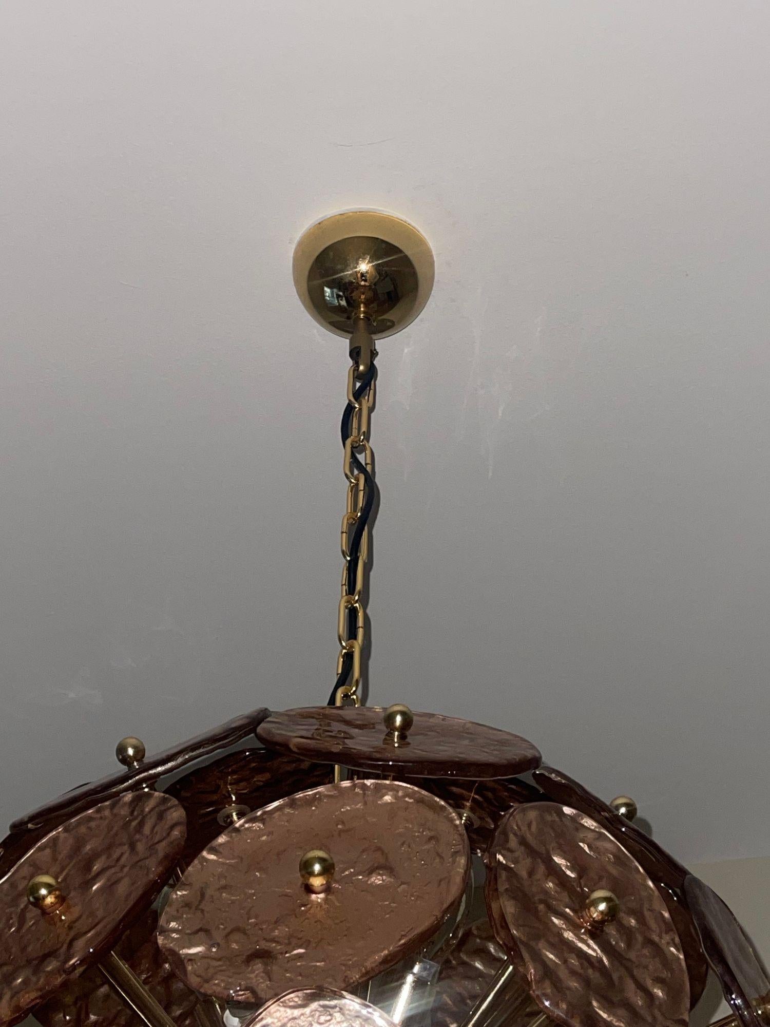 Italiano Lampadario Galattico Sputnik con dischi di vetro di Murano in rame. Italia, anni '80. in vendita