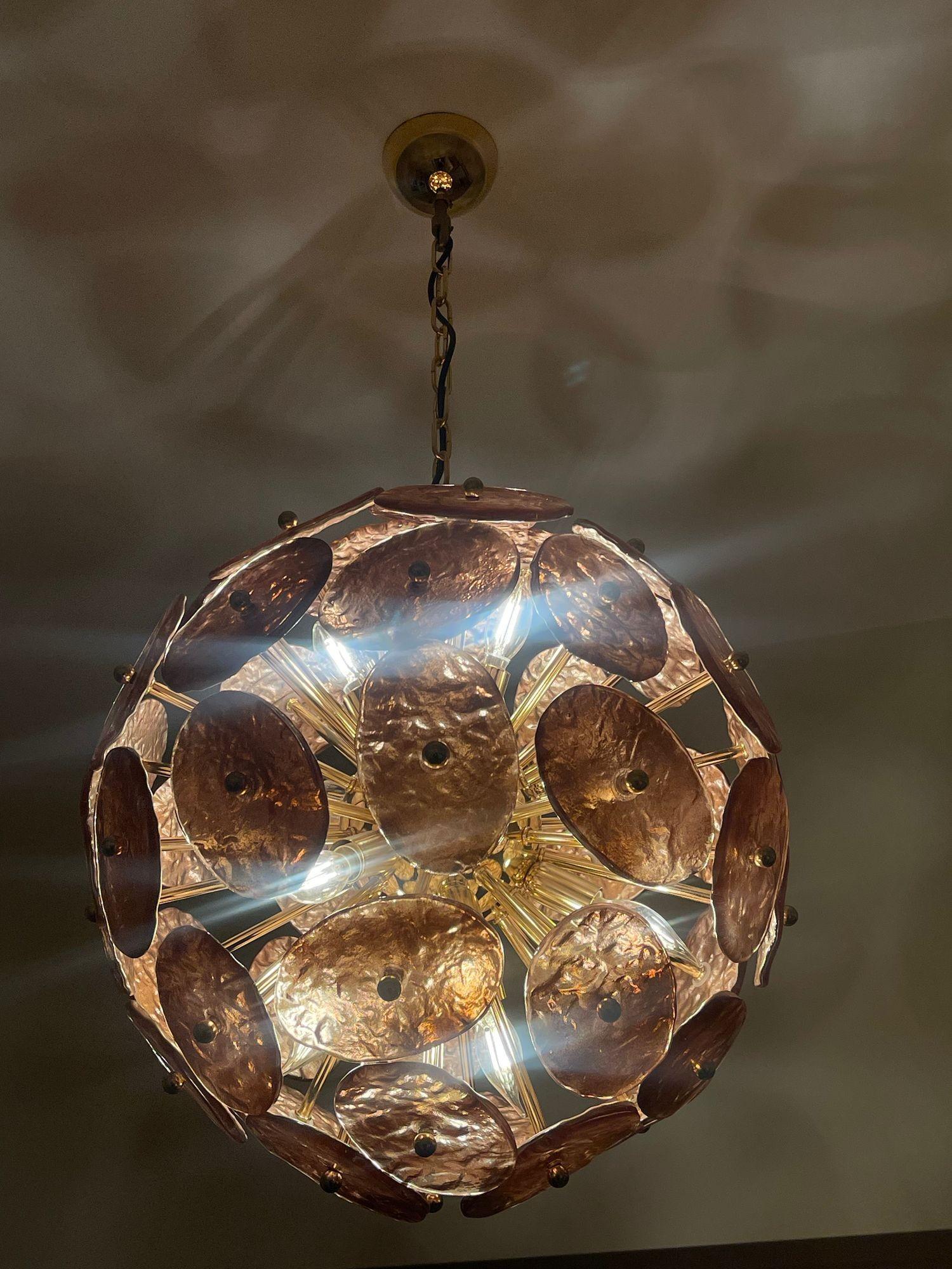 Lampadario Galattico Sputnik con dischi di vetro di Murano in rame. Italia, anni '80. in vendita 1