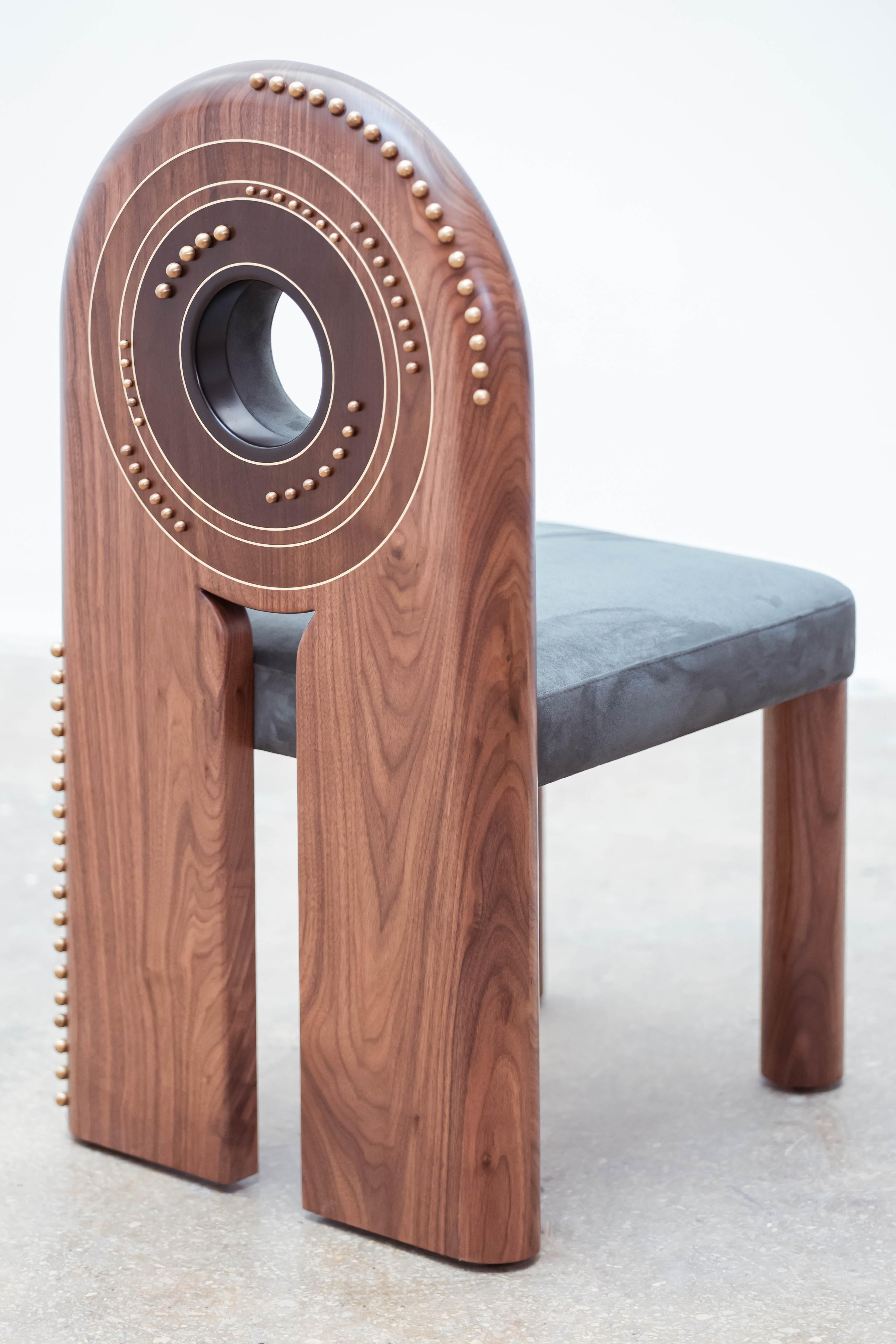 Galaxy Chair II by Eva Szumilas
Dimensions: D 57 x W 51 x H 92 cm.
Materials: Solid walnut wood, cast brass, brass inlays, fabric upholstery.


Eva Szumilas is Polish-Lebanese designer. She studied architecture at Technical University of Wroclaw and