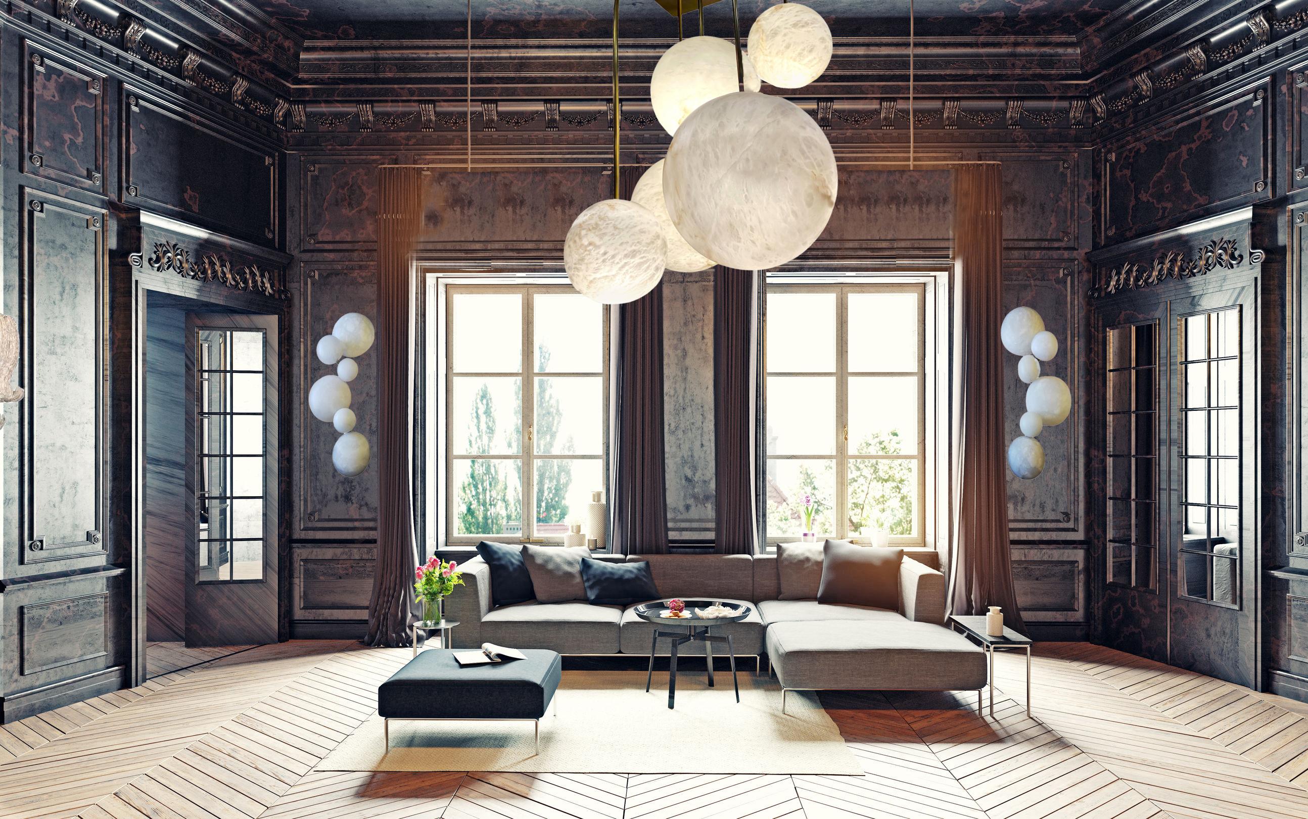 Europeo Lampadario a globo in marmo alabastro italiano contemporaneo Galaxy in vendita