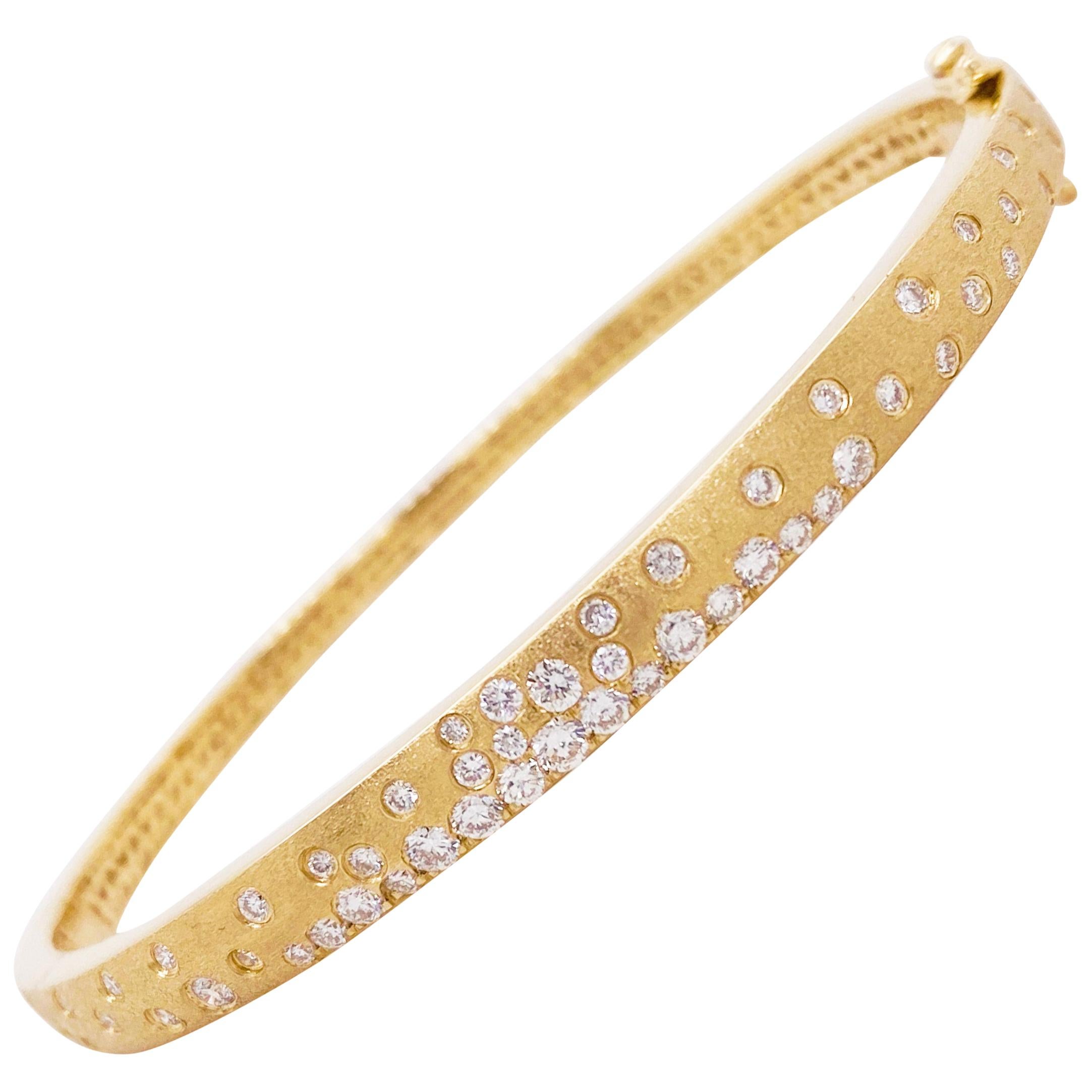 Galaxy Diamond Bracelet, .83 Carat, 14 Karat Gold, Confetti, Bangle, Brushed For Sale