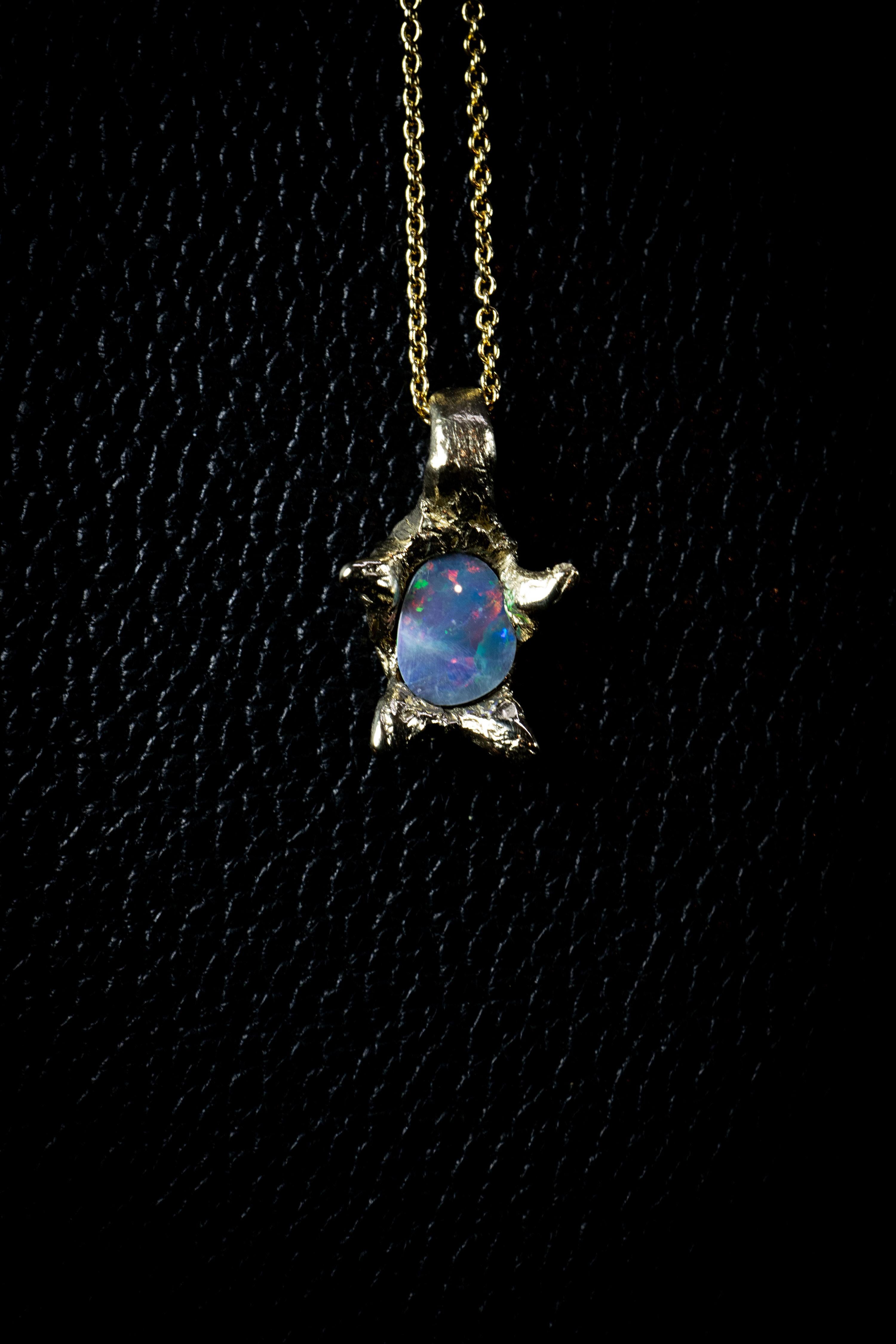 Galaxy of Light (Australian Opal, 10K Yellow Gold Pendant) by Ken Fury In New Condition For Sale In Queens, NY