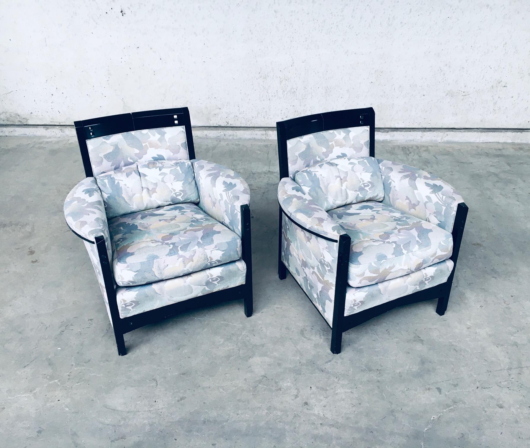 Postmodern Italian Design Galaxy series 'Peggy' Low Armchair set of 2 by Umberto Asnago for Giorgetti, made in Italy 1990's. Black laquered architectural frame with blueish grey green flower fabric. Superb design in very good condition. All original