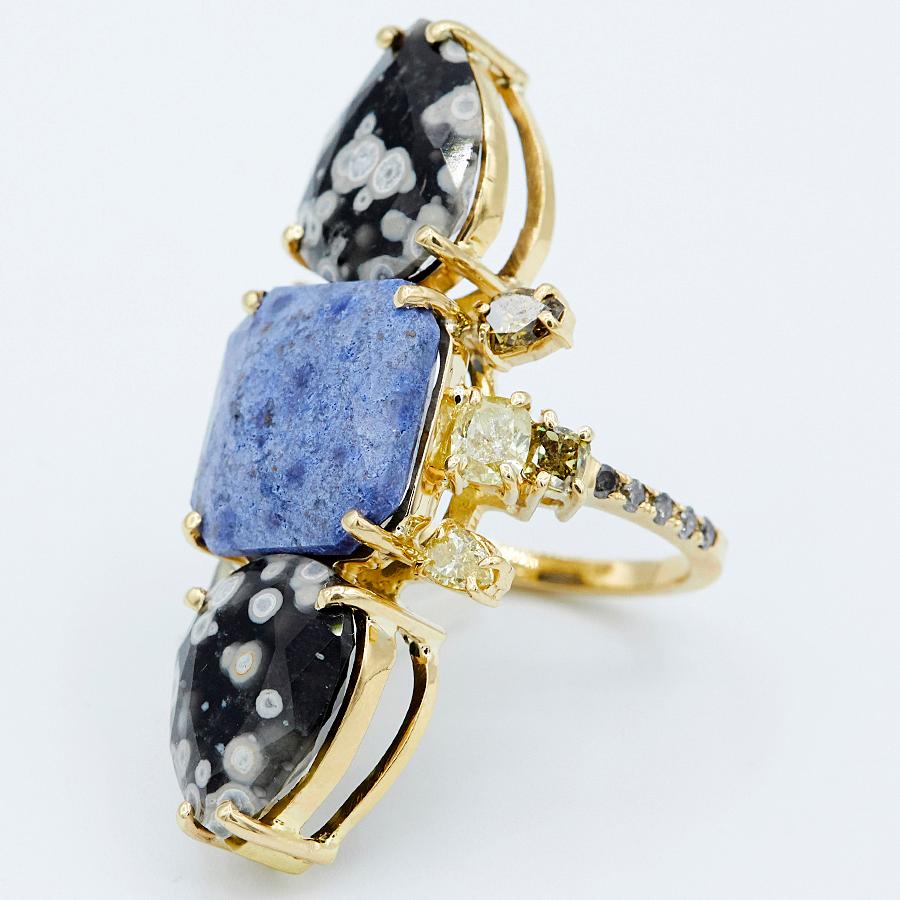 One of a kind ring from our Galaxy Rare collection, made in 18k yellow gold with natural color diamonds in mix shapes, natural salt and pepper dark gray diamonds approx. 2.55ct, cosmic obsidians, dumortierite set in the center.  This is the