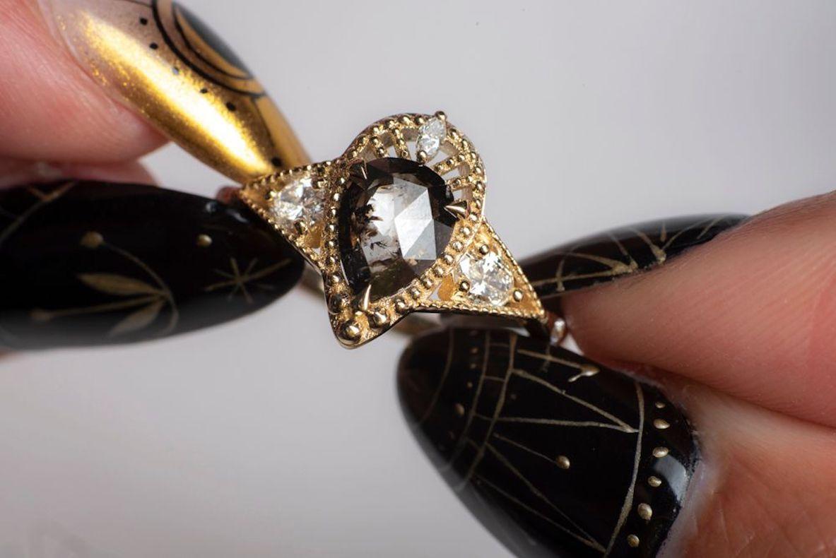 Rose Cut Galaxy Ring, 14KYGold One-of-Salt and Pepper Diamond Ring by Viviana Langhoff For Sale