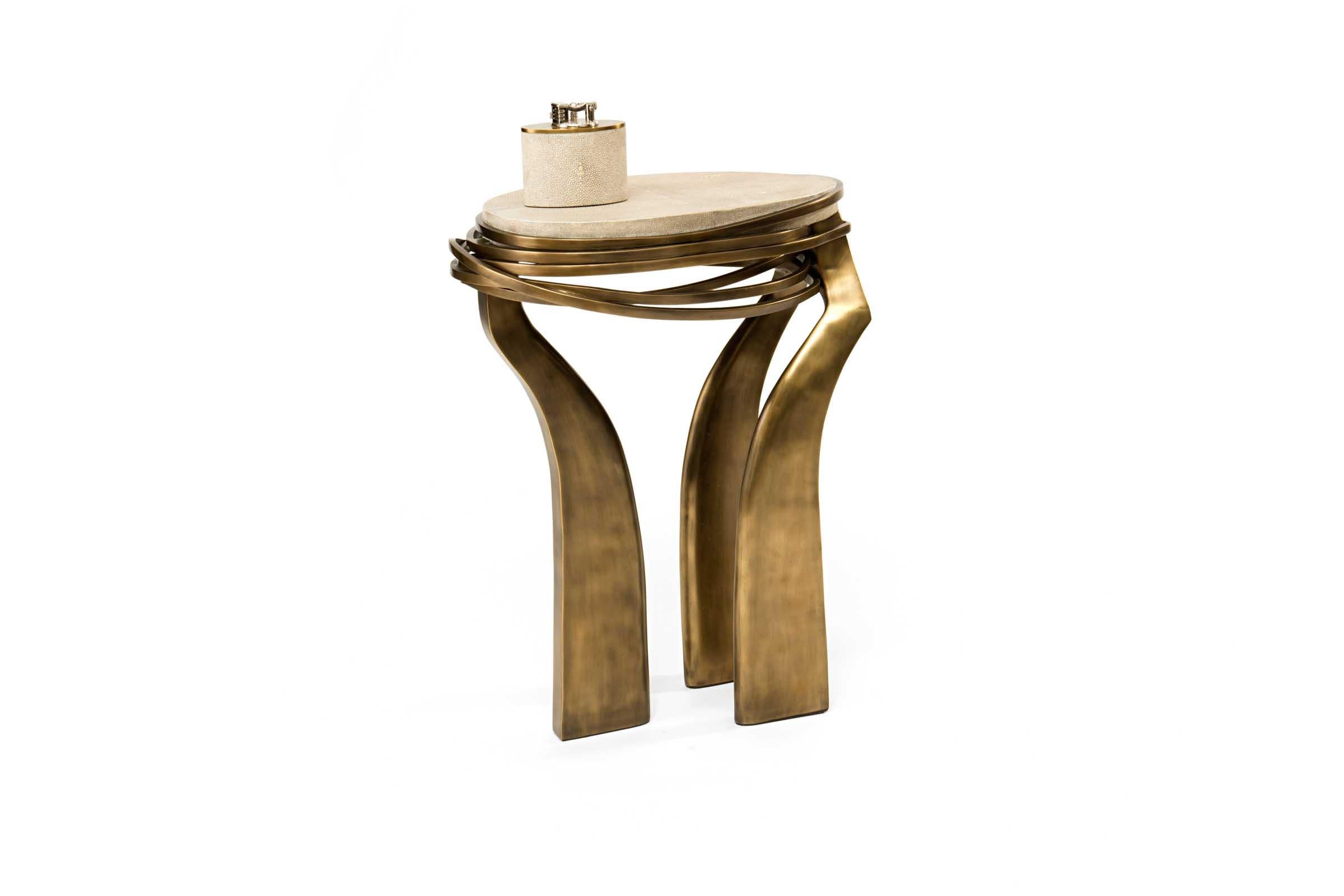Art Deco Galaxy Side Table Small in Cream Shagreen & Bronze-Patina Brass by Kifu Paris