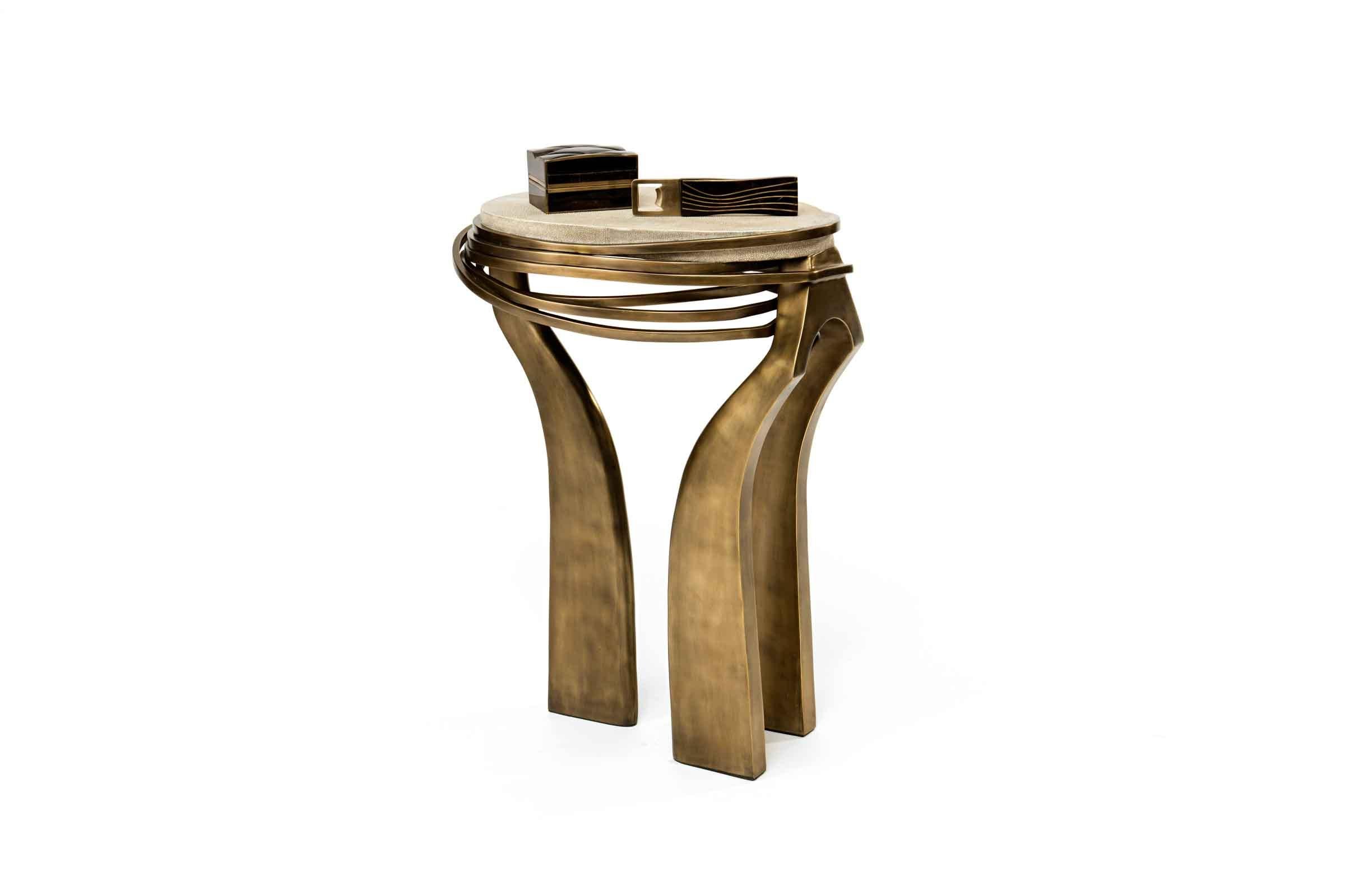 French Galaxy Side Table Small in Cream Shagreen & Bronze-Patina Brass by Kifu Paris