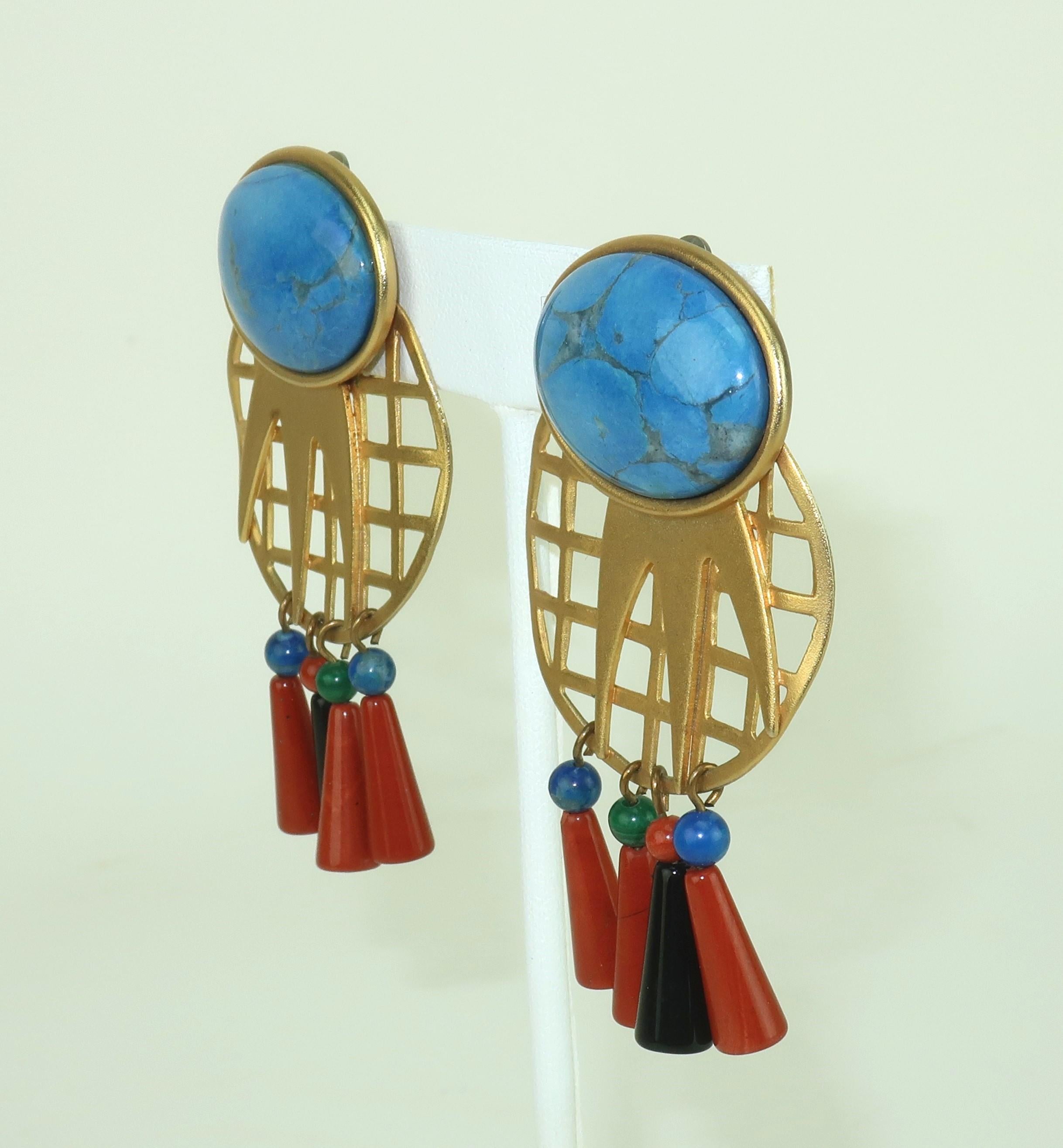 Modernist GALE ROTHSTEIN Attributed Gold Metal & Semi Precious Stone Dangle Earrings For Sale