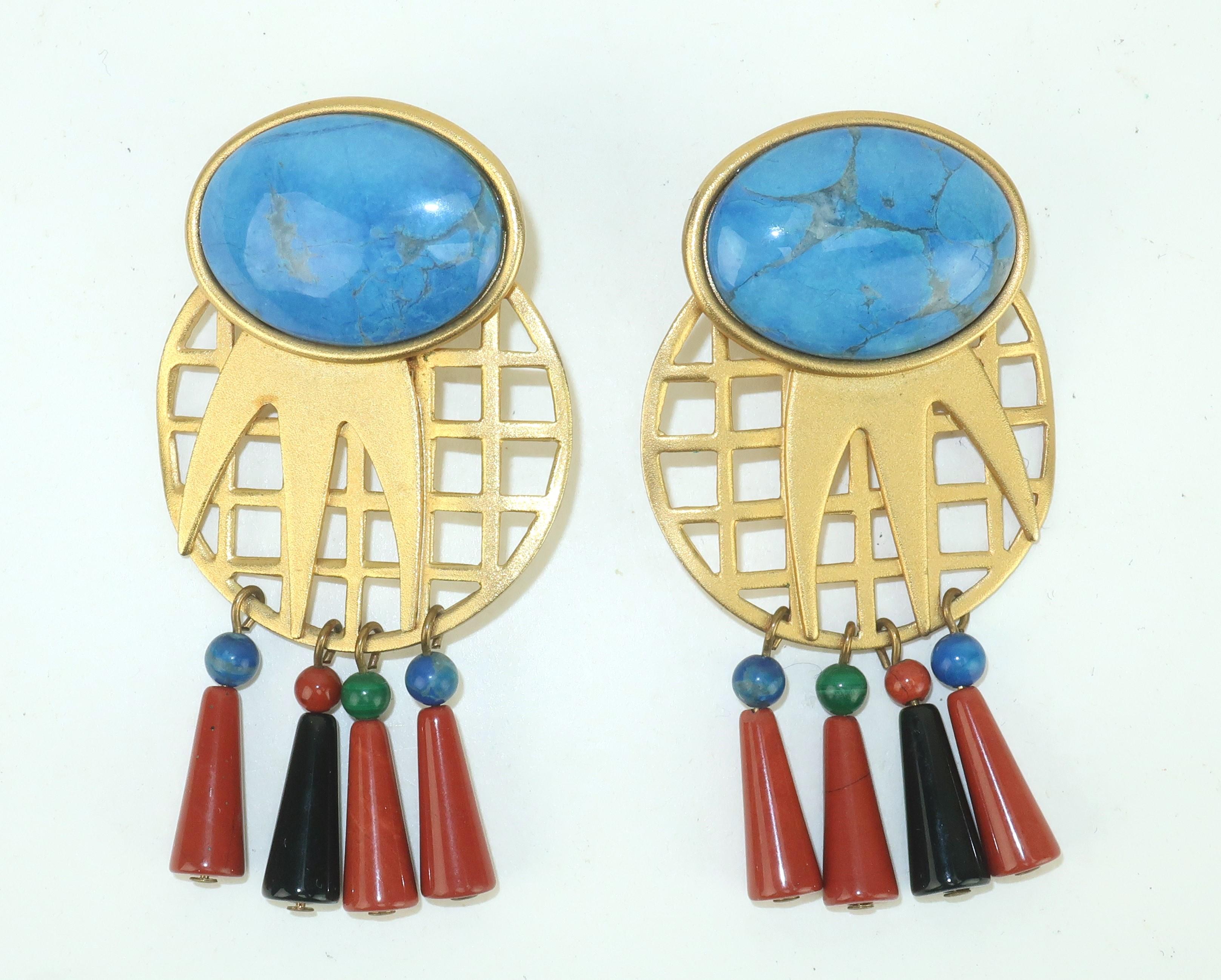 Women's GALE ROTHSTEIN Attributed Gold Metal & Semi Precious Stone Dangle Earrings For Sale
