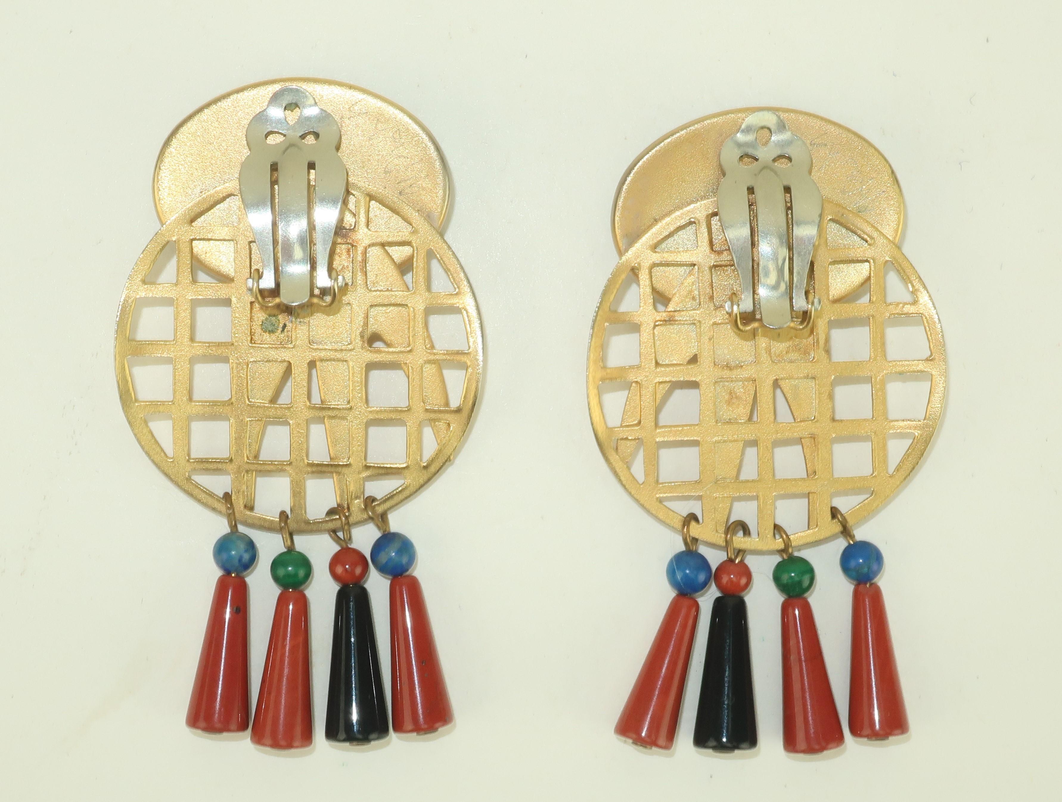 GALE ROTHSTEIN Attributed Gold Metal & Semi Precious Stone Dangle Earrings For Sale 1