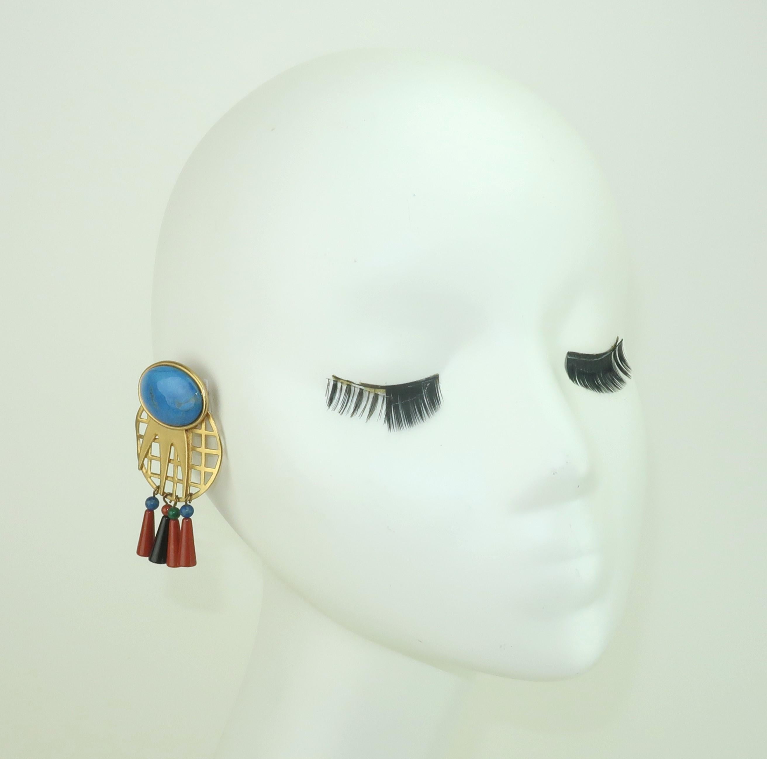 GALE ROTHSTEIN Attributed Gold Metal & Semi Precious Stone Dangle Earrings For Sale 3