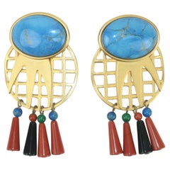 Vintage GALE ROTHSTEIN Attributed Gold Metal & Semi Precious Stone Dangle Earrings