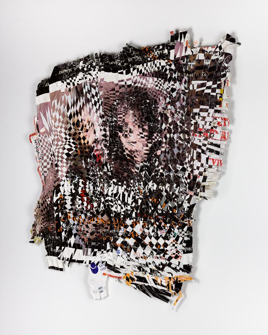 Galen Gibson Cornell

Sofia

52” x 45”

Found street-posters from Sofia, Bulgaria; sliced and woven

2022