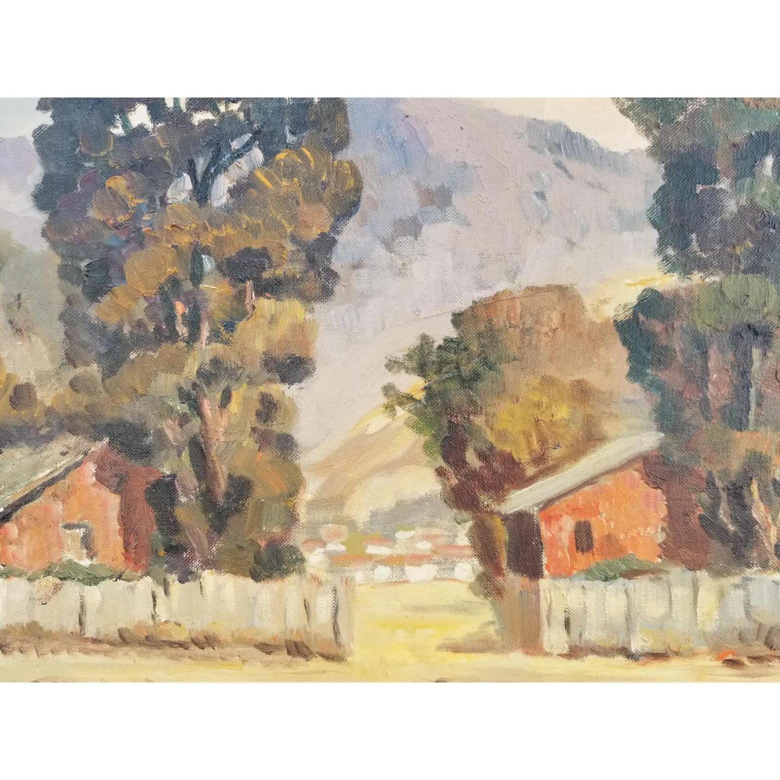 California landscape painting by California San Francisco bay area artist Galen Russell Wolf, circa 1950s. Subject matter 2 red barns, eucalyptus trees and the town of half moon bay in background. Oil on canvas, signed lower right. Appears to have