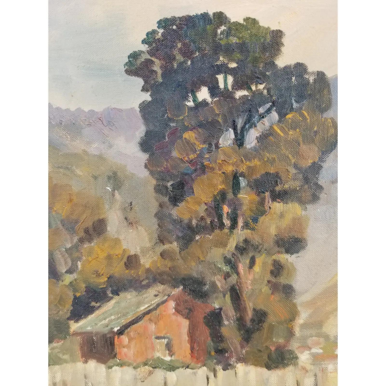 Américain Peinture à l'huile originale de Galen Wolf représentant des granges et des arbres d'eucalyptus en Californie en vente