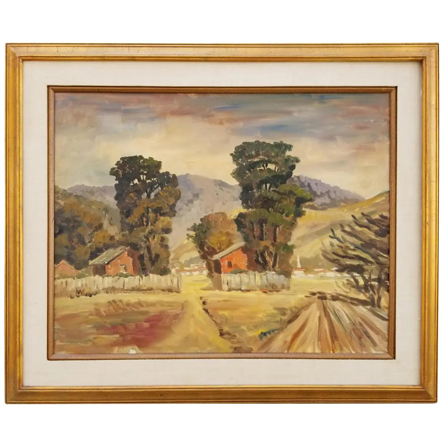 Peinture à l'huile originale de Galen Wolf représentant des granges et des arbres d'eucalyptus en Californie en vente