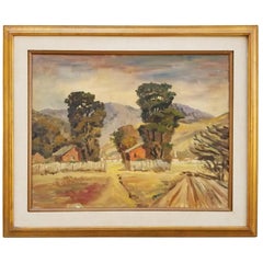 Galen Wolf Pittura ad olio originale della California Granai e alberi di eucalipto