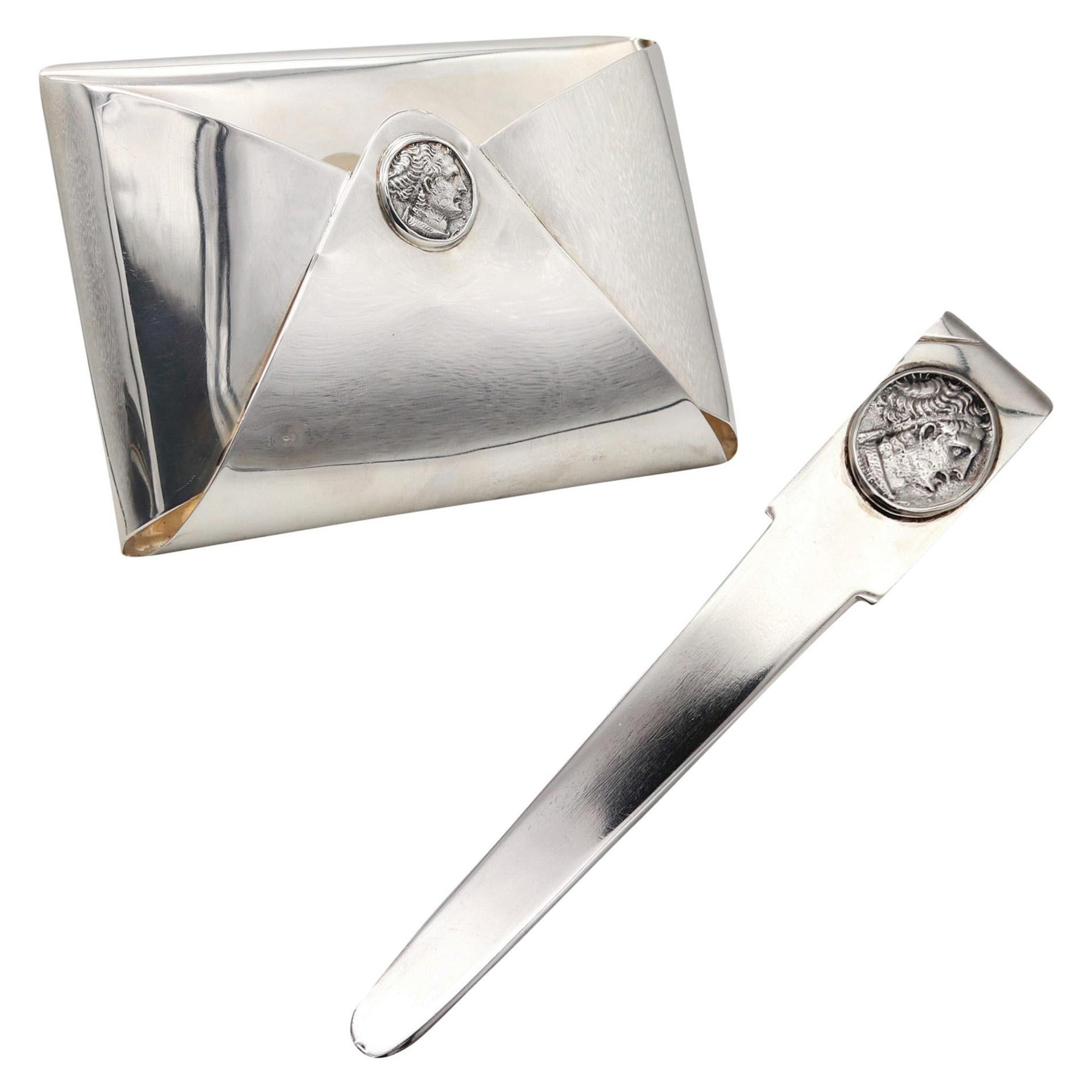 Galena 1970 Modernist Unique Medallion Desk Set In Solid .925 Sterling Silver For Sale