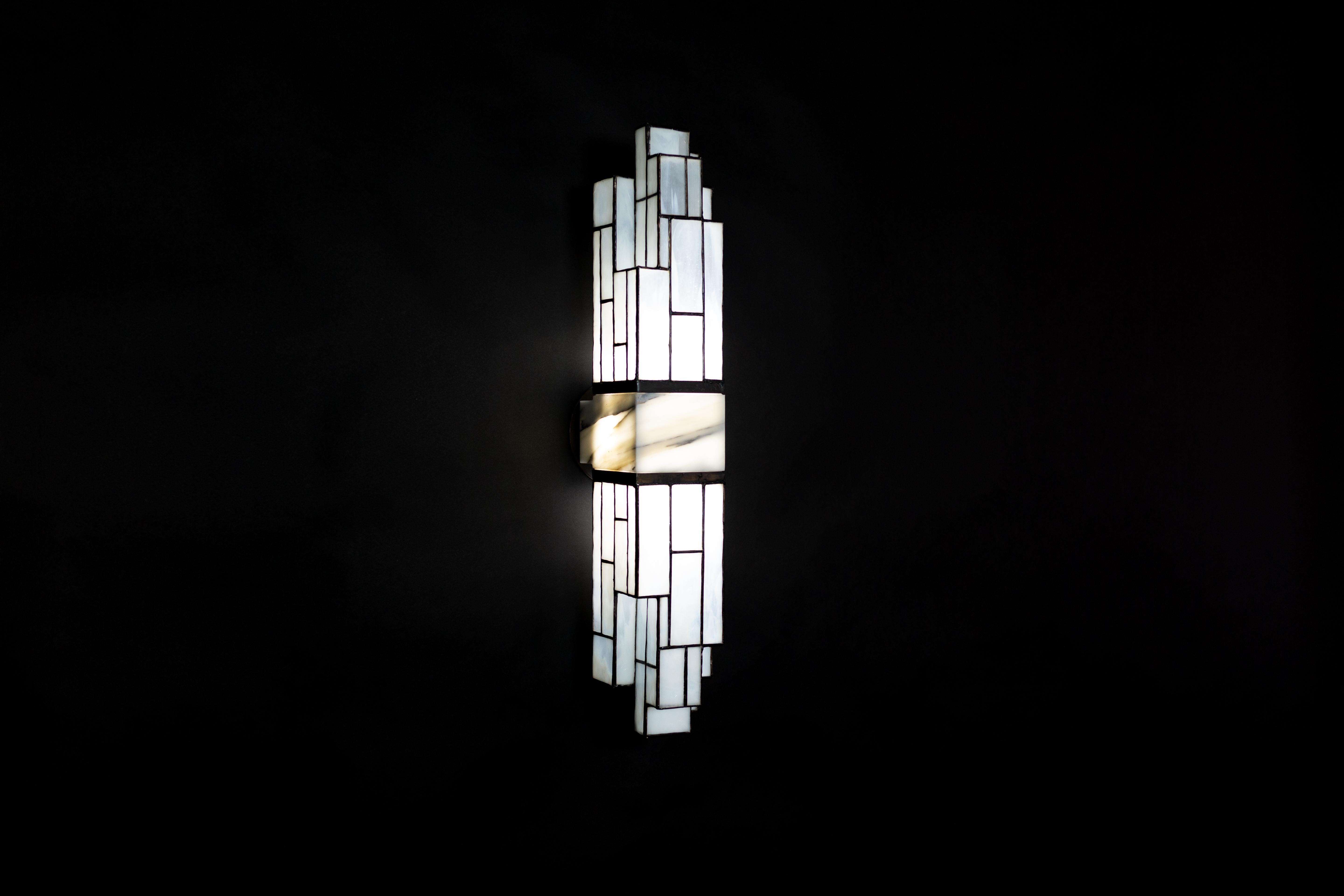Art Glass Galena, Brass, Marble, Glass Contemporary Wall Sconce, Kalin Asenov For Sale