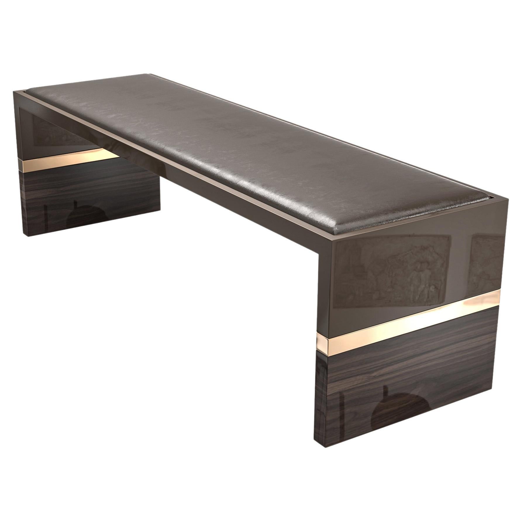 "Galeone" Bench with Stainless Steel, Walnut and Bronze Details, Istanbul