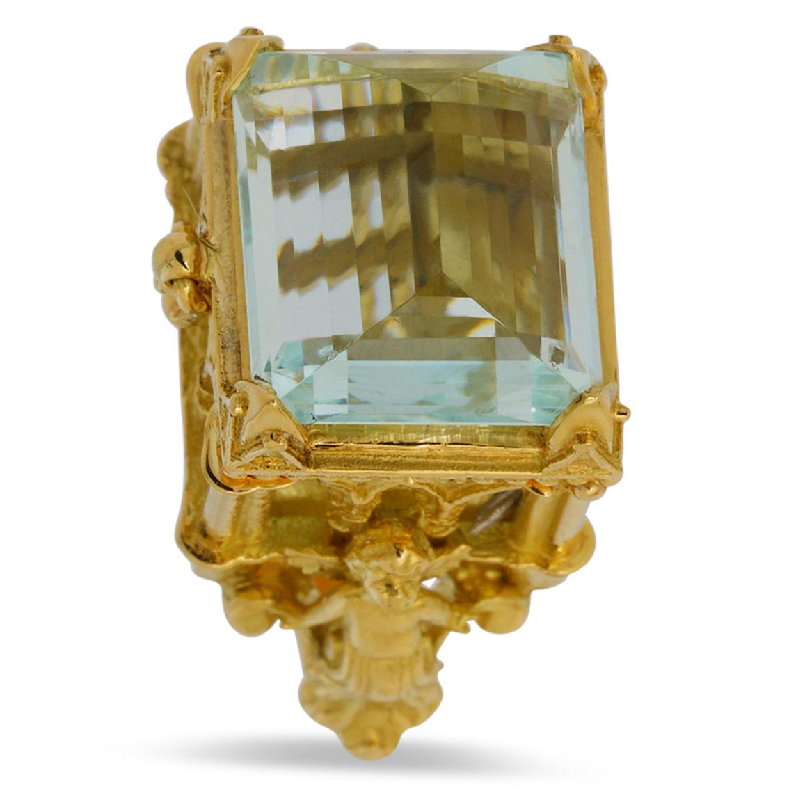 Gothic Revival Galerie des Glaces Cathedral Poison Ring in 18 Karat Yellow Gold with Aquamarine