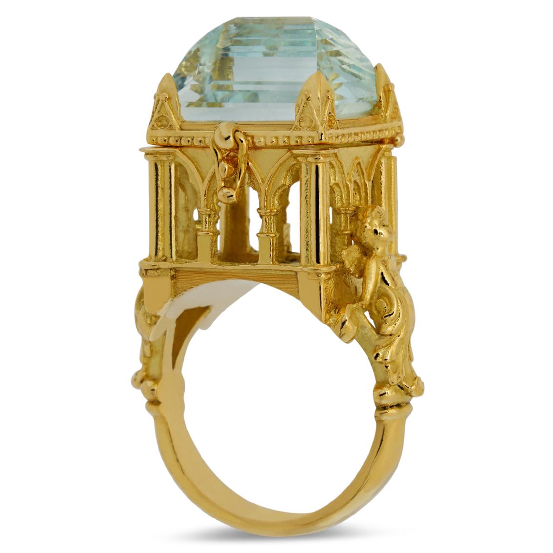 Emerald Cut Galerie des Glaces Cathedral Poison Ring in 18 Karat Yellow Gold with Aquamarine