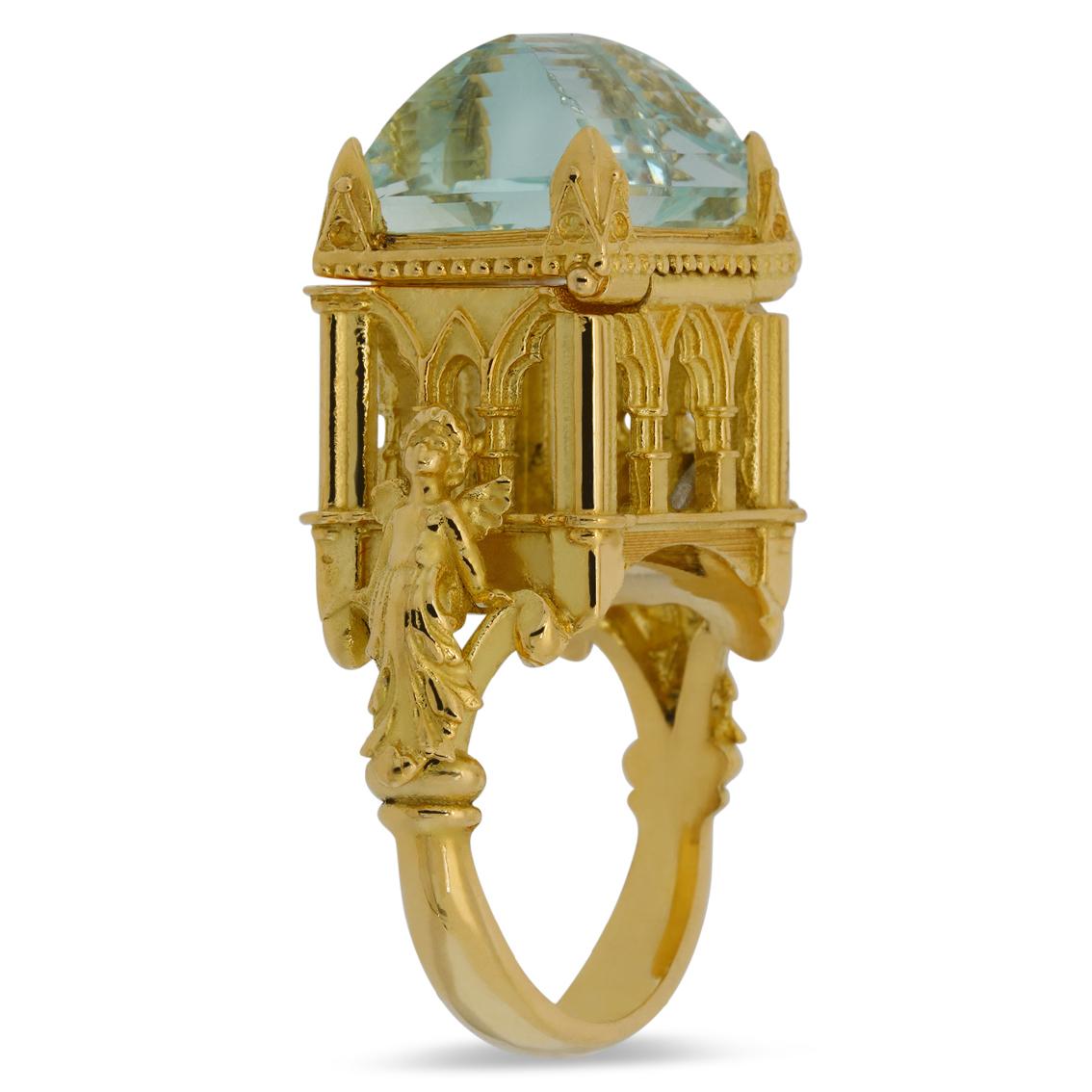 Galerie des Glaces Cathedral Poison Ring in 18 Karat Yellow Gold with Aquamarine In New Condition In Melbourne, Vic