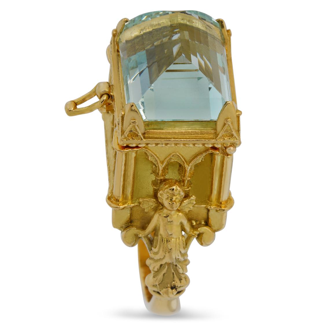 Galerie des Glaces Cathedral Poison Ring in 18 Karat Yellow Gold with Aquamarine 1