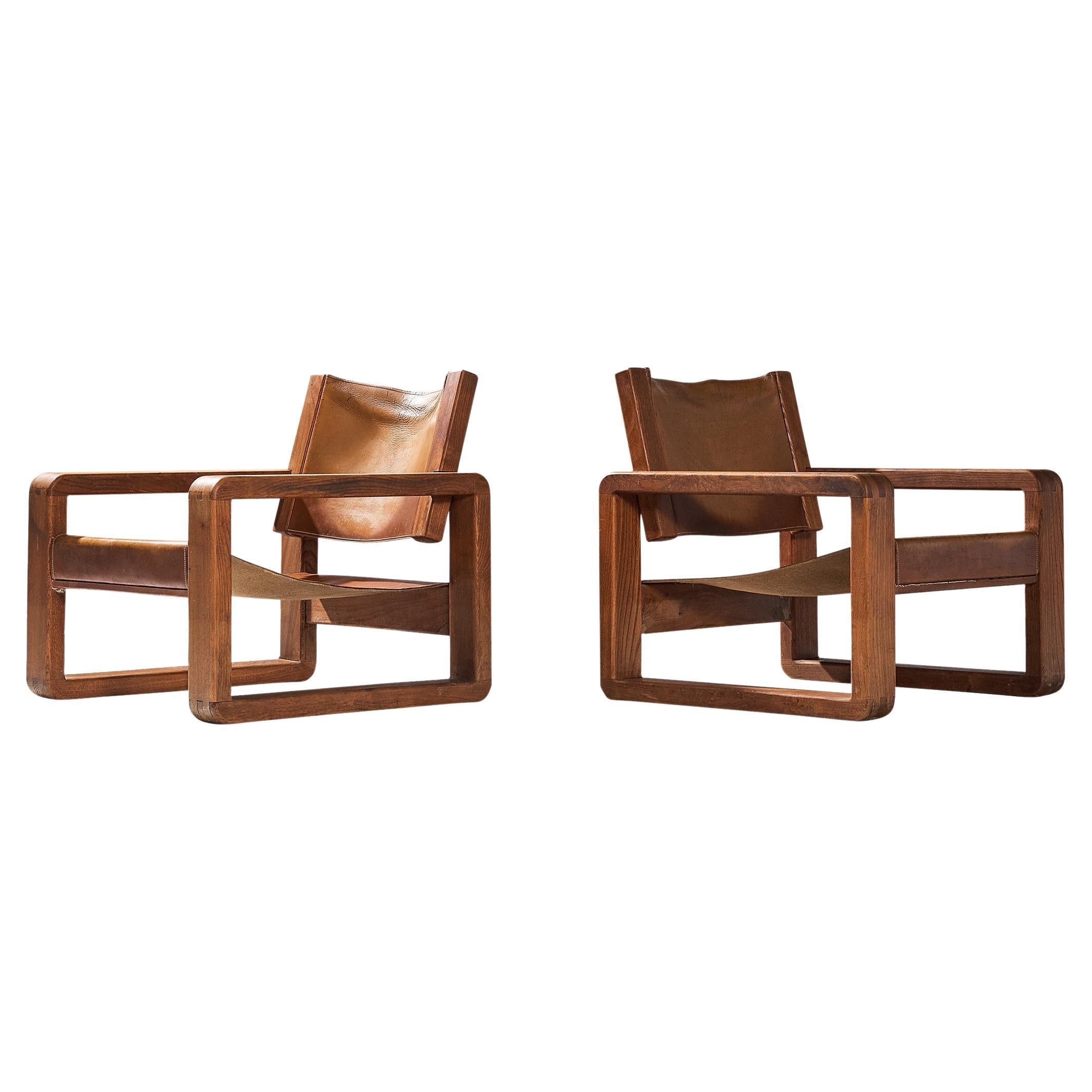 Galerie l'Orme Pair of Armchairs in Elm and Cognac Leather