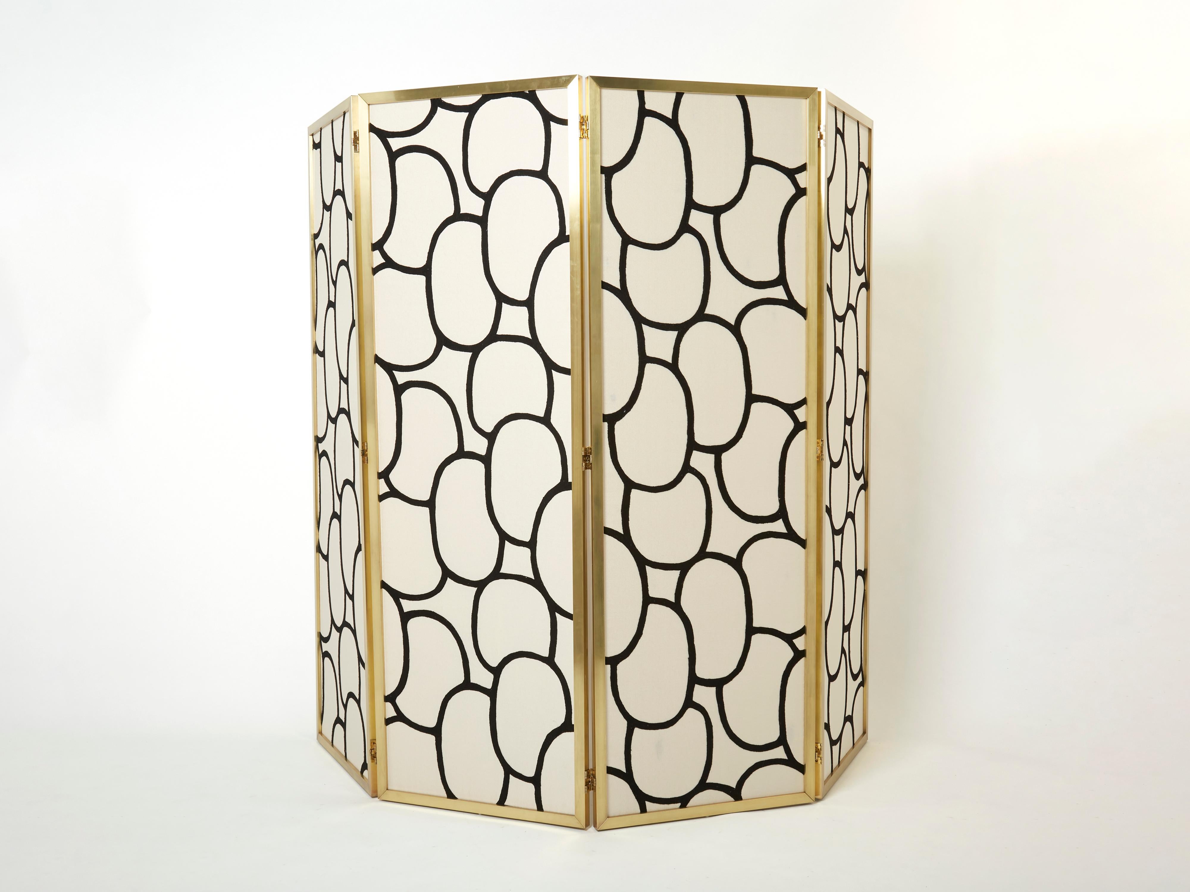 Galerie Maison et Jardin Four Panel Brass and Silk Fabric Screen, 1970 In Good Condition For Sale In Paris, IDF