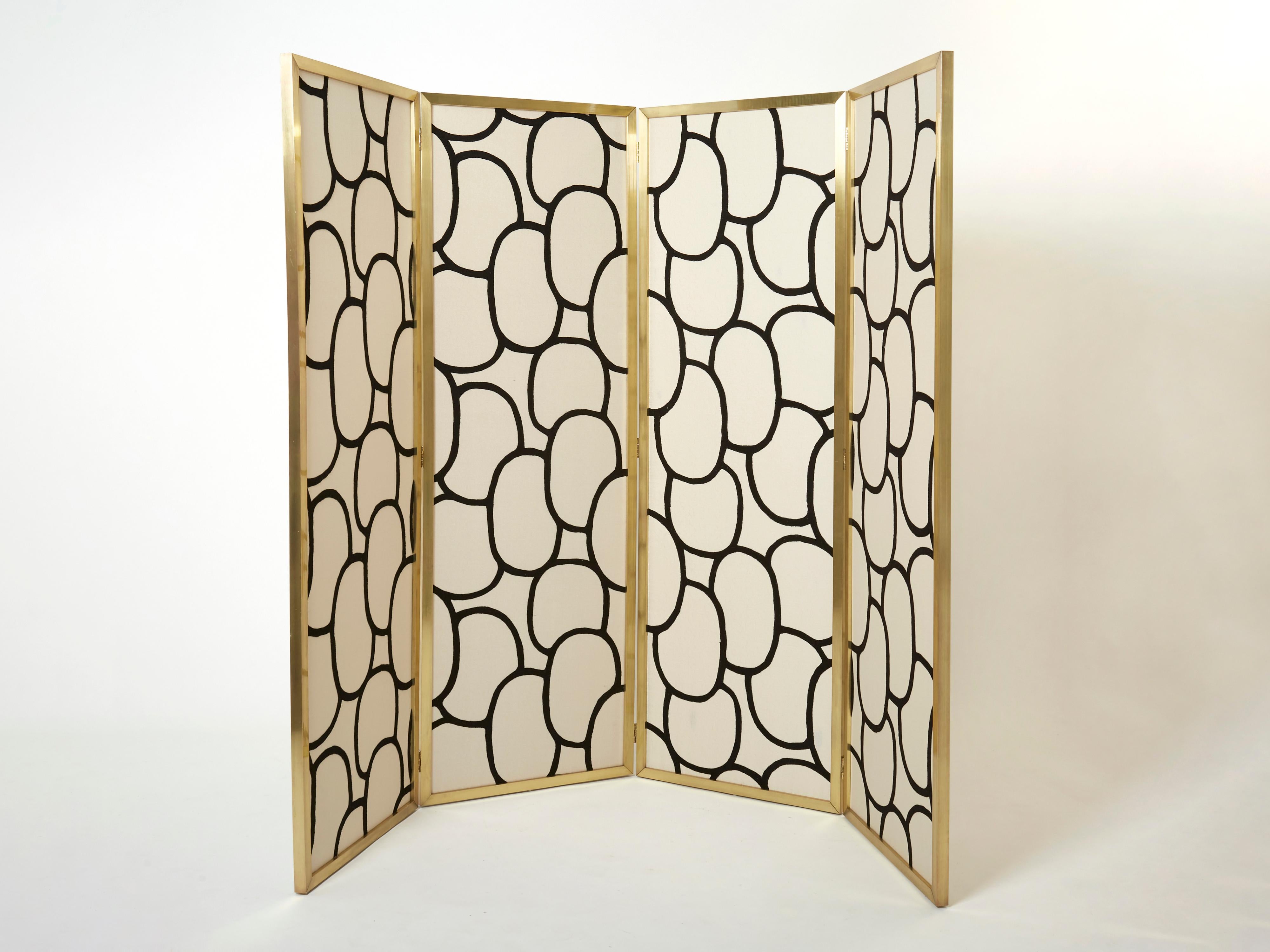 Late 20th Century Galerie Maison et Jardin Four Panel Brass and Silk Fabric Screen, 1970 For Sale