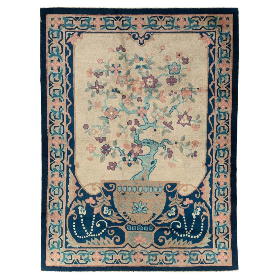 Mid-20th Century Handmade Chinese Accent Rug in Cerulean Blue and Cream ...