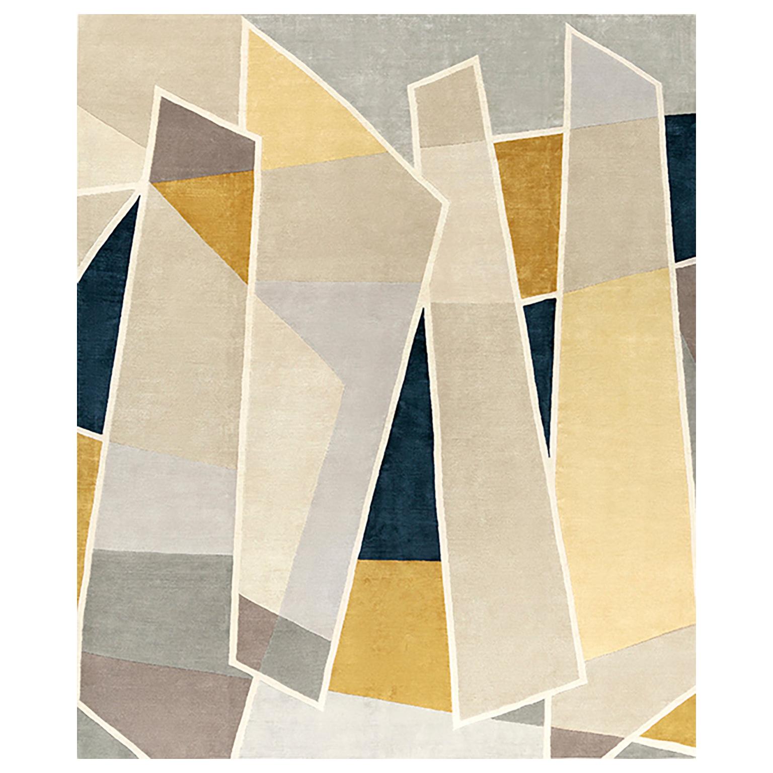 Geometric Italian Hand Knotted Wool Silk Sustainable Rug - Galeries Lafayette For Sale