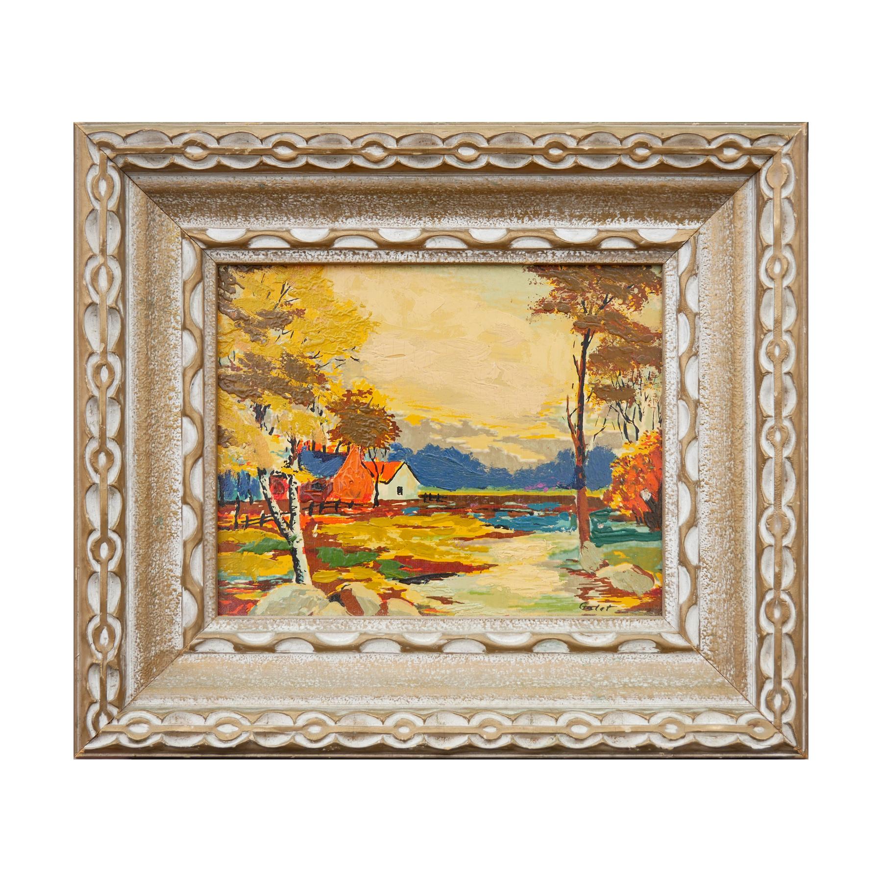 Französisches Landschaftsgemälde des 20. Jahrhunderts in Orange, Gelb, Blau und Grün – Painting von Galet